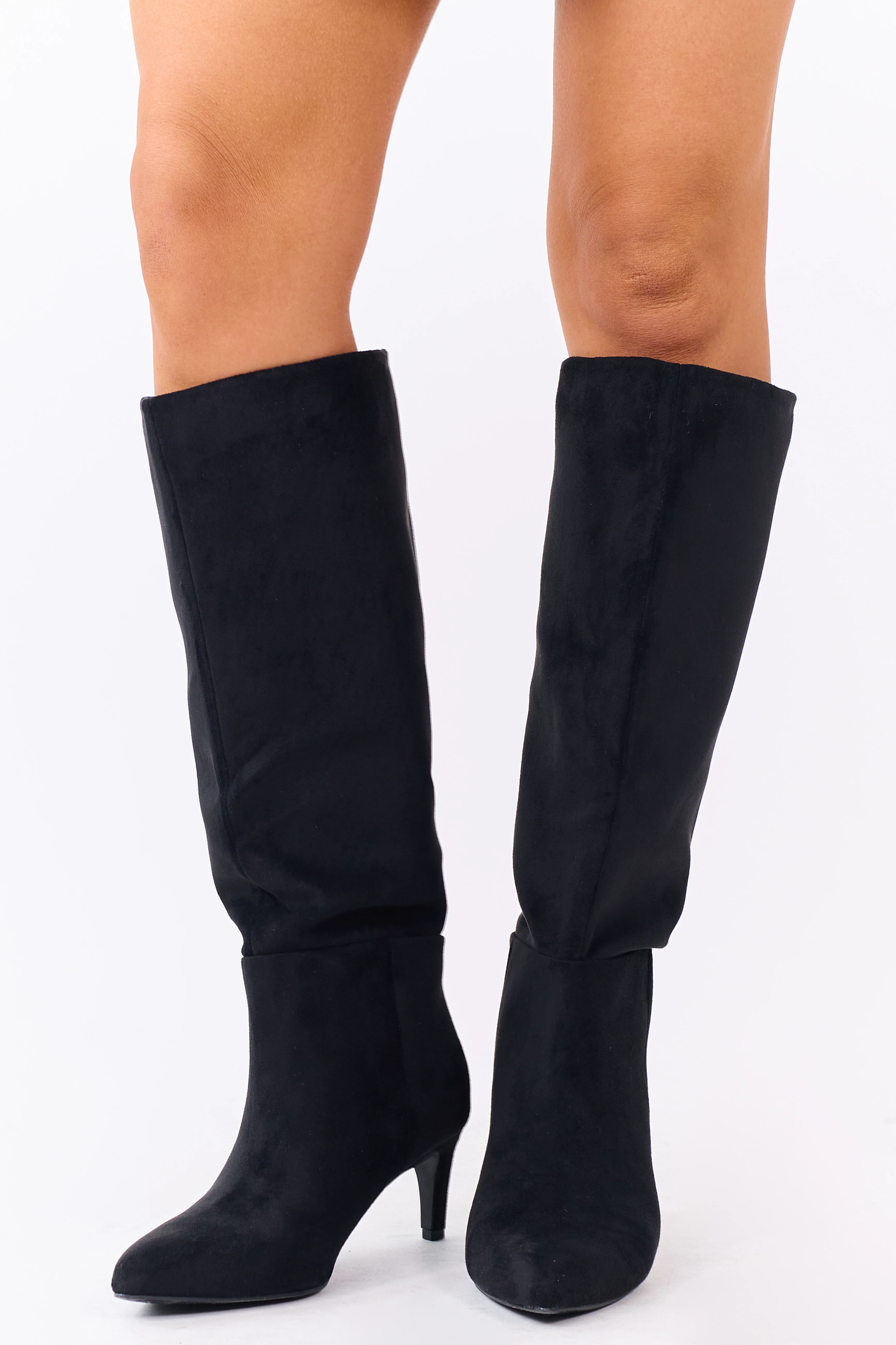 Black Faux Suede Pointed Toe Heeled Tall Boots - Image 4