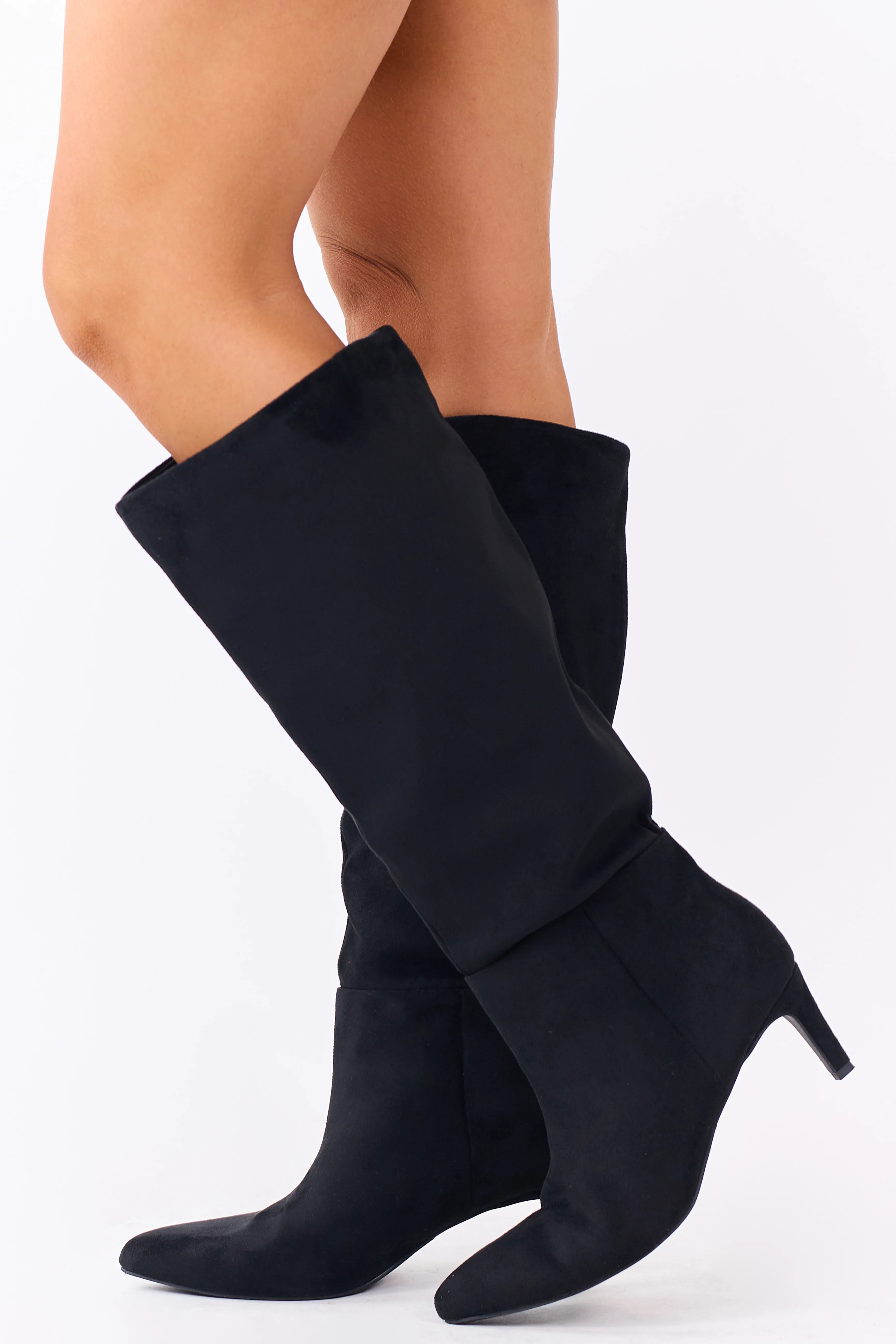 Black Faux Suede Pointed Toe Heeled Tall Boots - Image 5