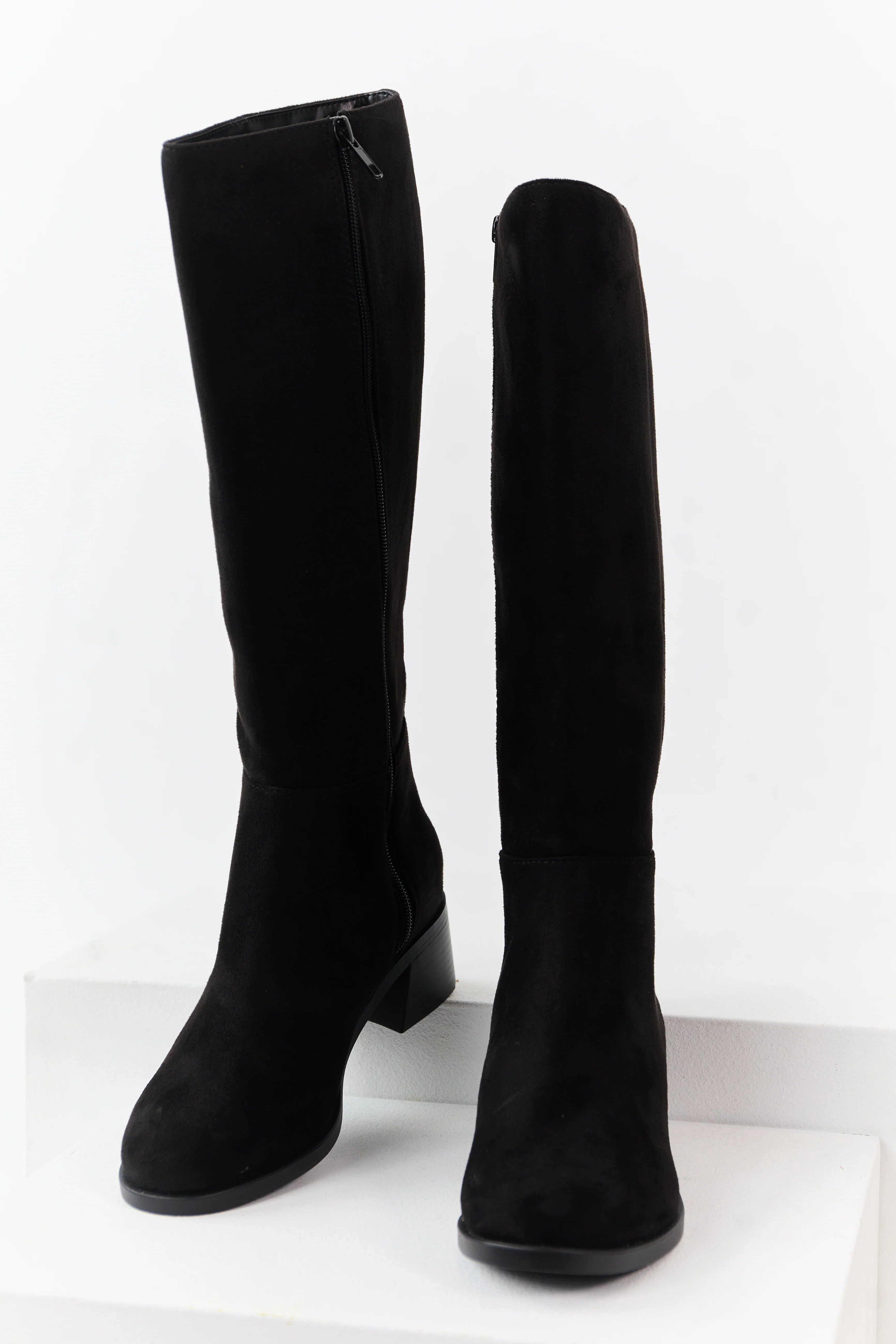Black Faux Suede Wide Calf Block Heel Tall Boots - Image 2