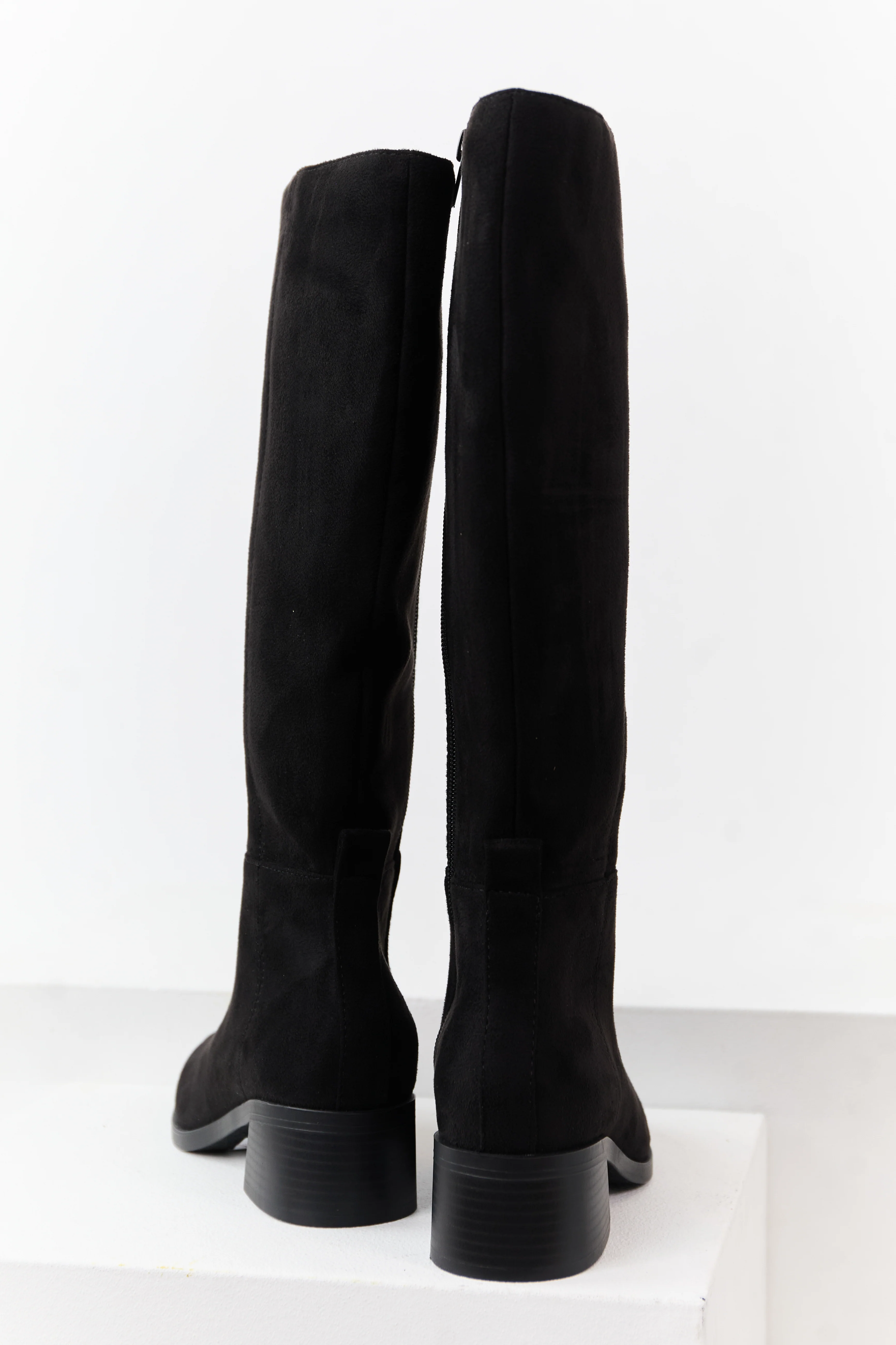 Black Faux Suede Wide Calf Block Heel Tall Boots - Image 3