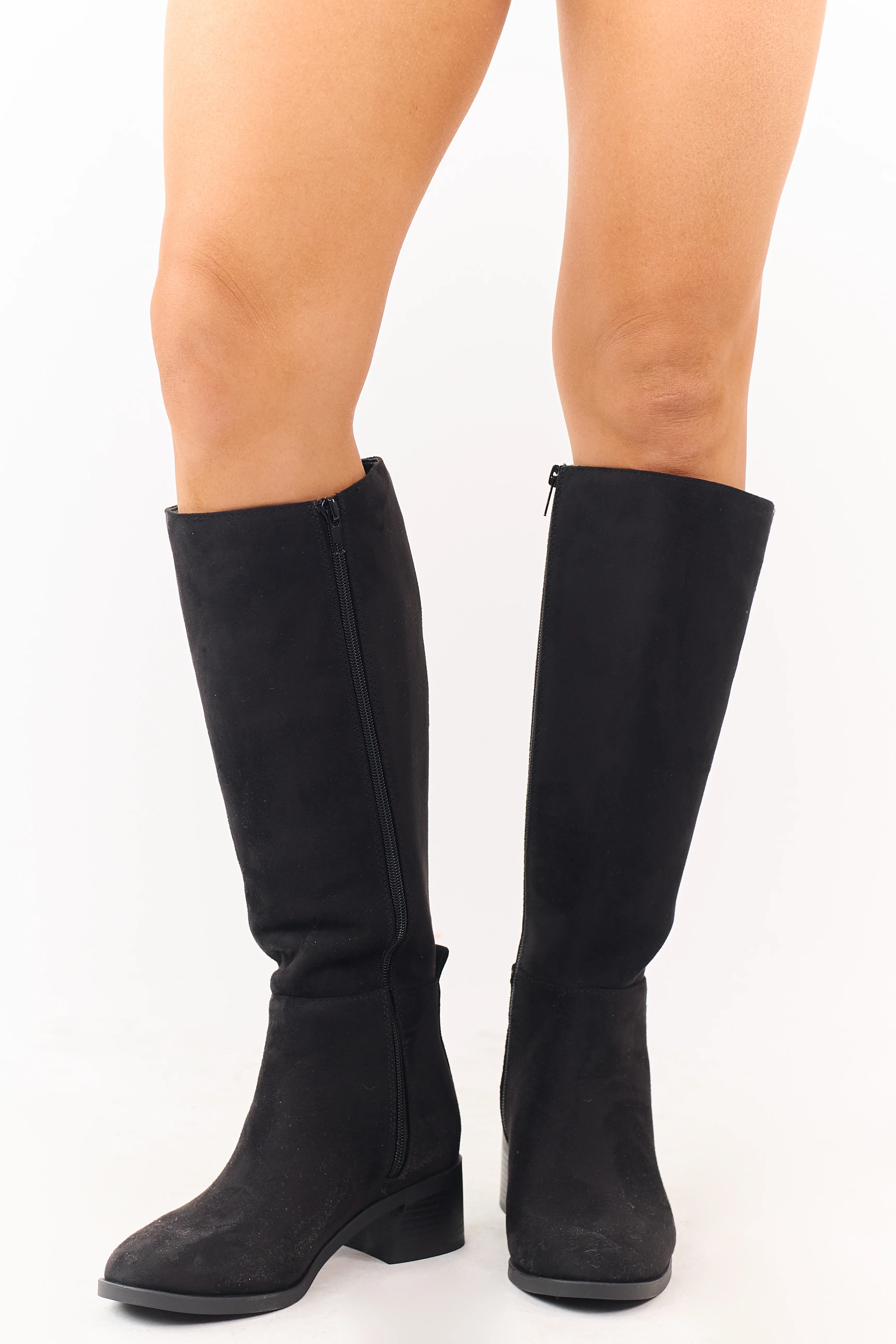 Black Faux Suede Wide Calf Block Heel Tall Boots - Image 4