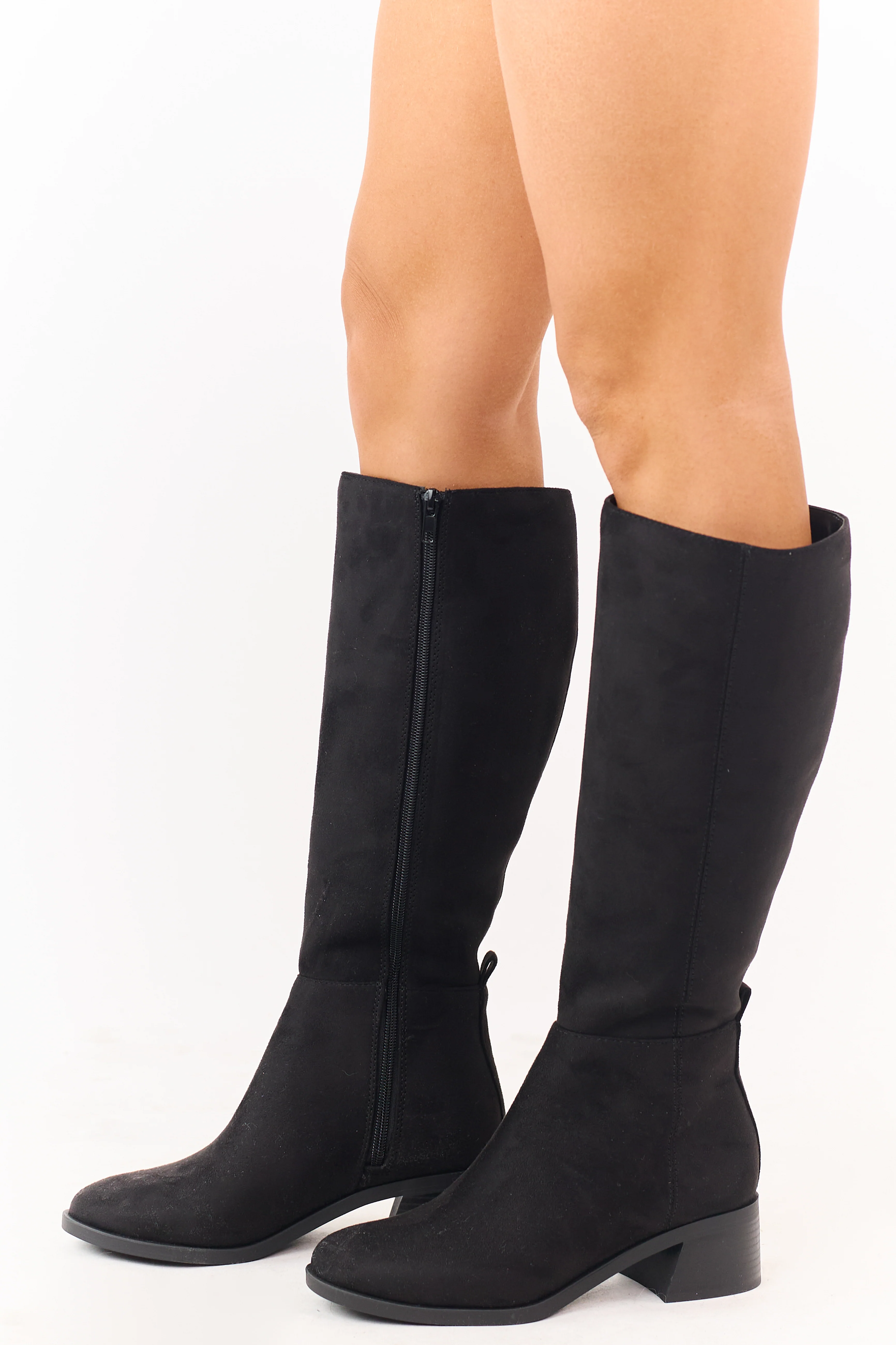 Black Faux Suede Wide Calf Block Heel Tall Boots - Image 5