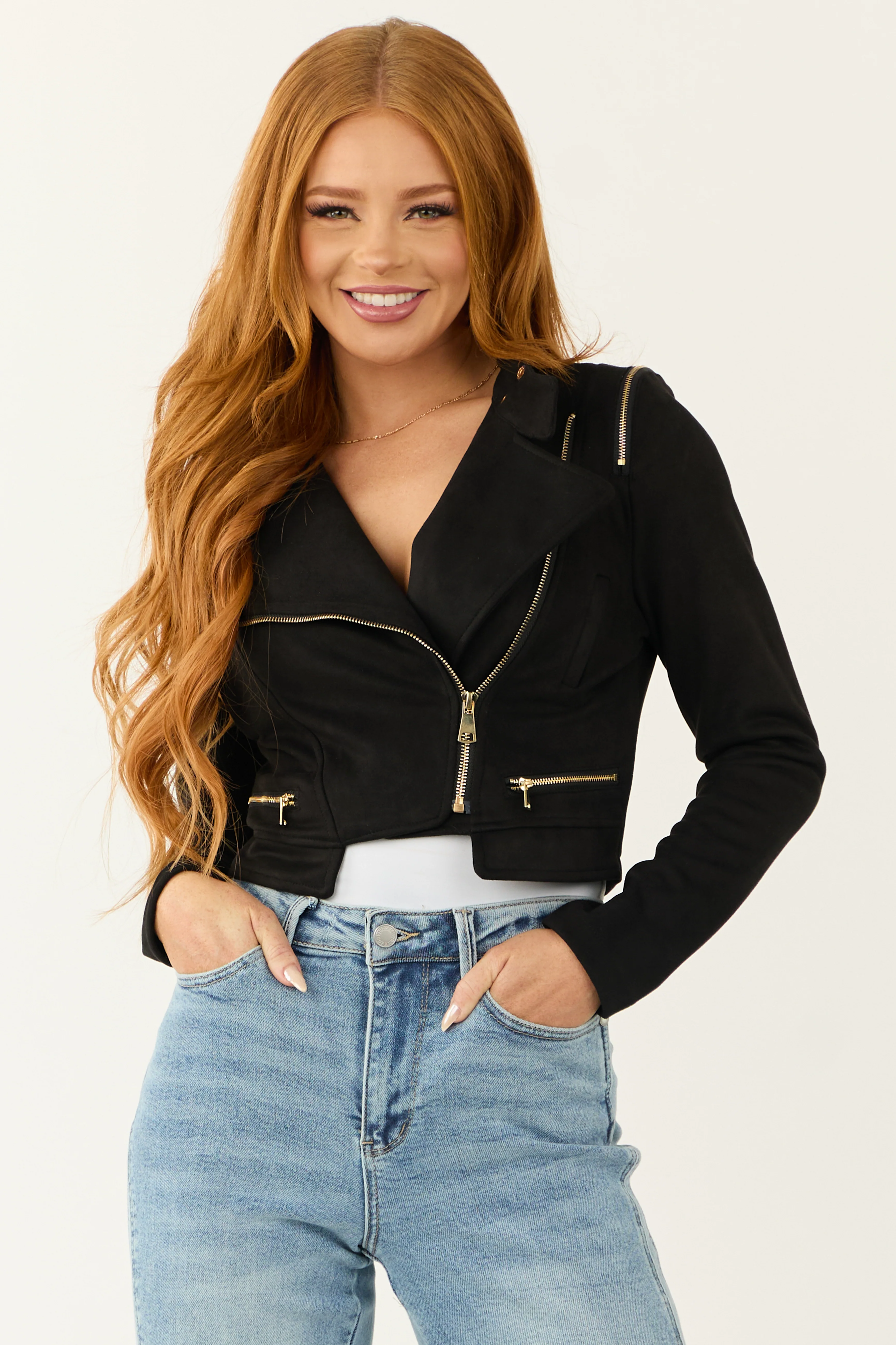Black Faux Suede Zipper Detail Biker Jacket - Image 2