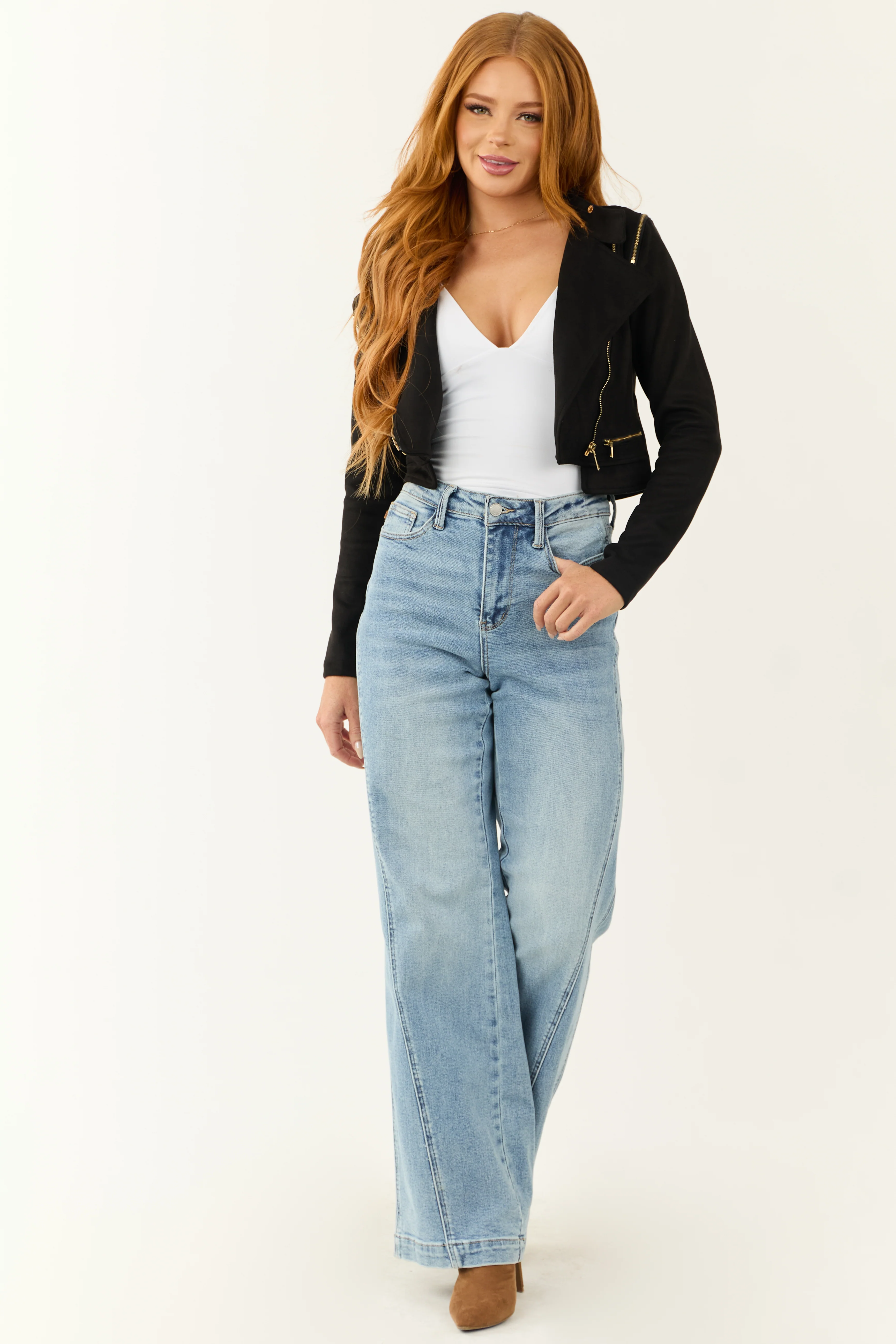 Black Faux Suede Zipper Detail Biker Jacket - Image 4
