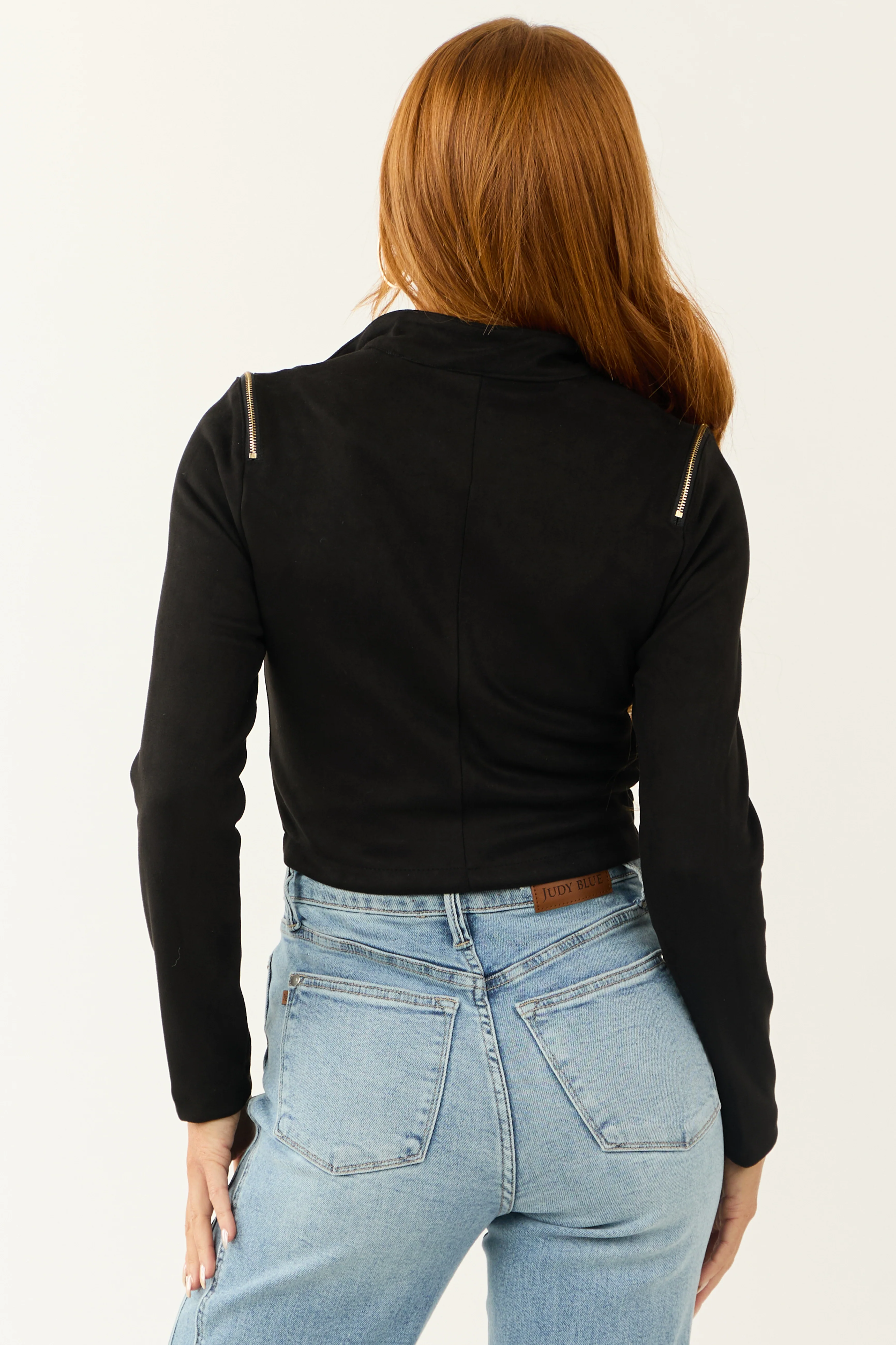 Black Faux Suede Zipper Detail Biker Jacket - Image 6