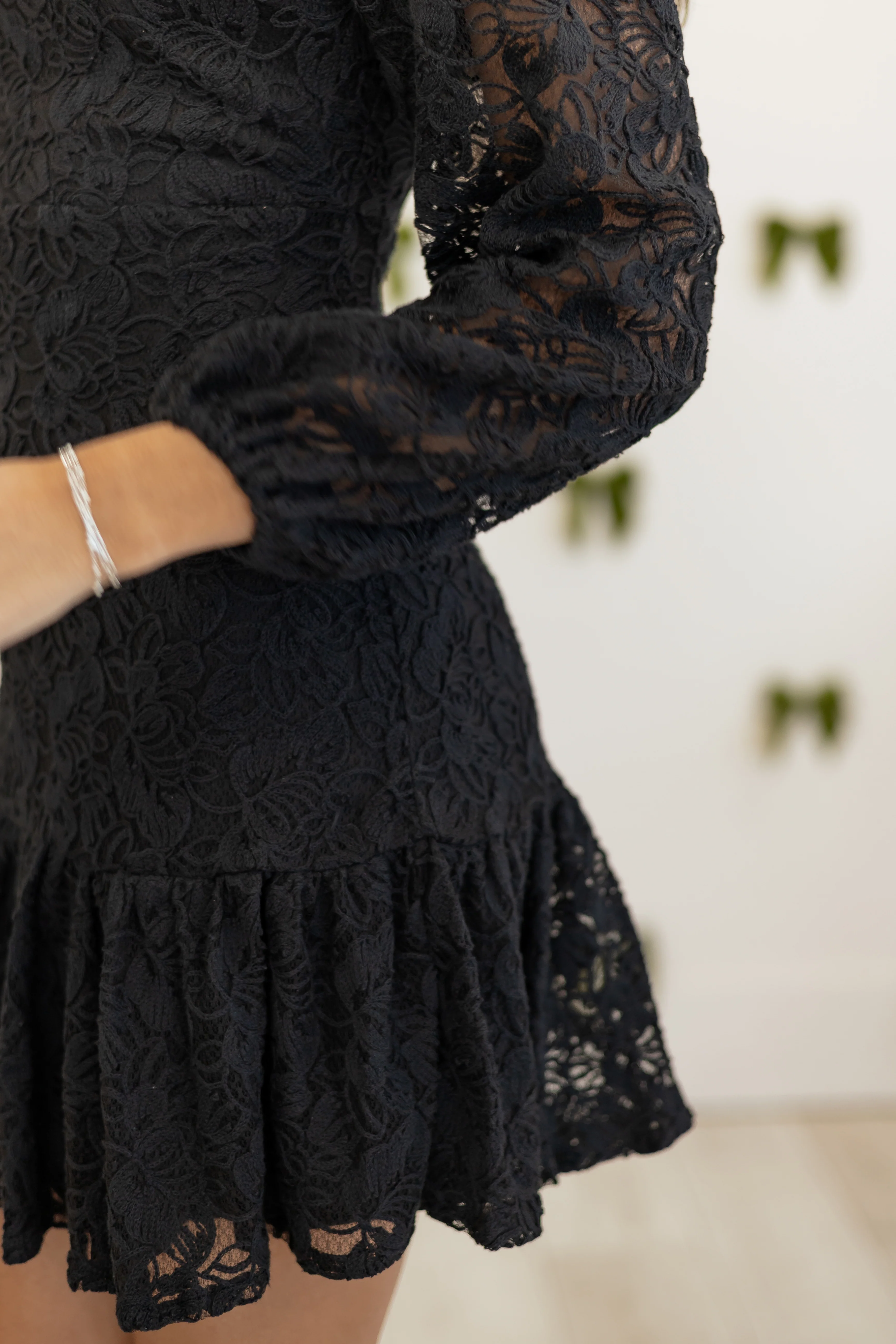 Black Floral Lace Long Sleeve Ruffle Hem Mini Dress - Image 12