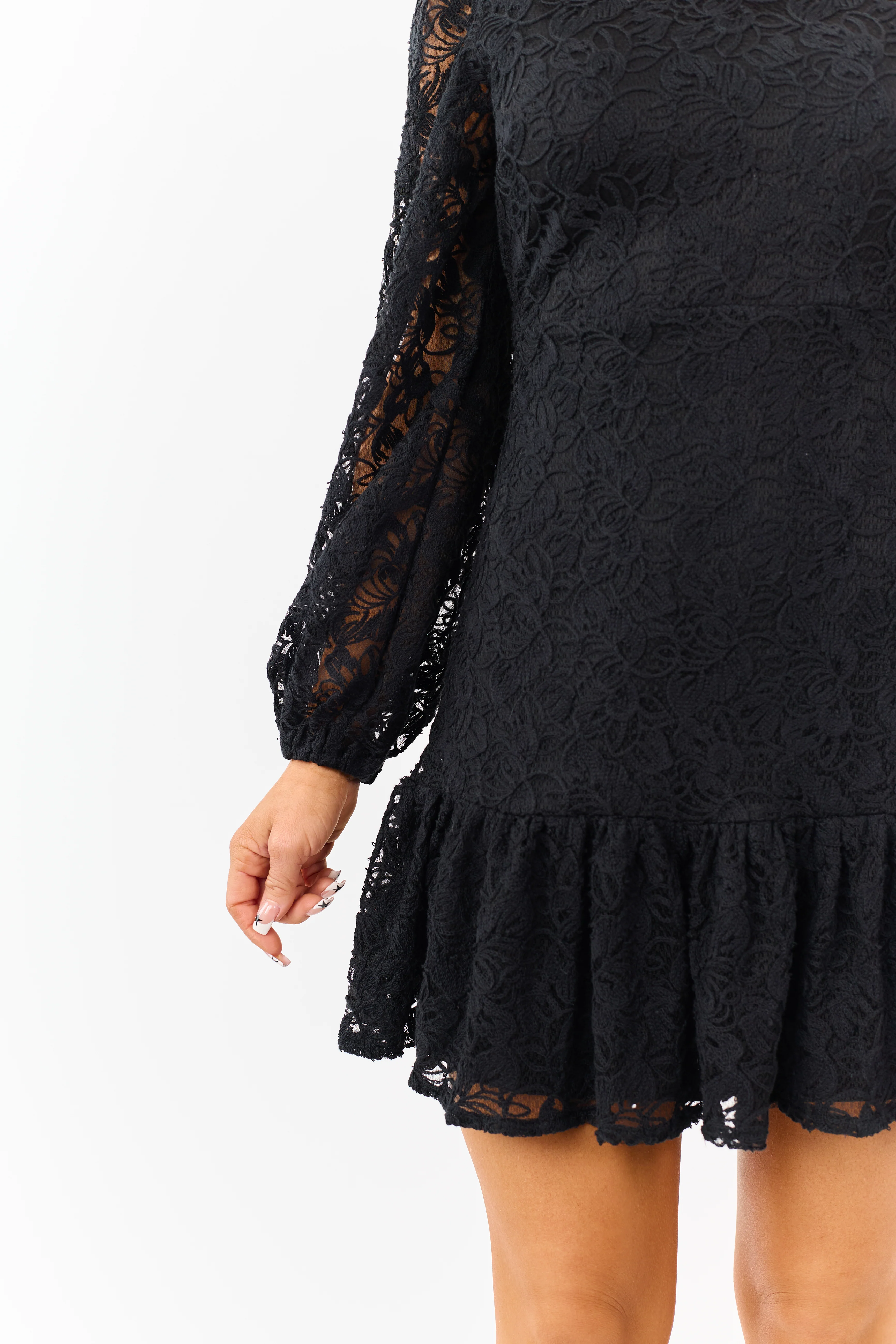 Black Floral Lace Long Sleeve Ruffle Hem Mini Dress - Image 9