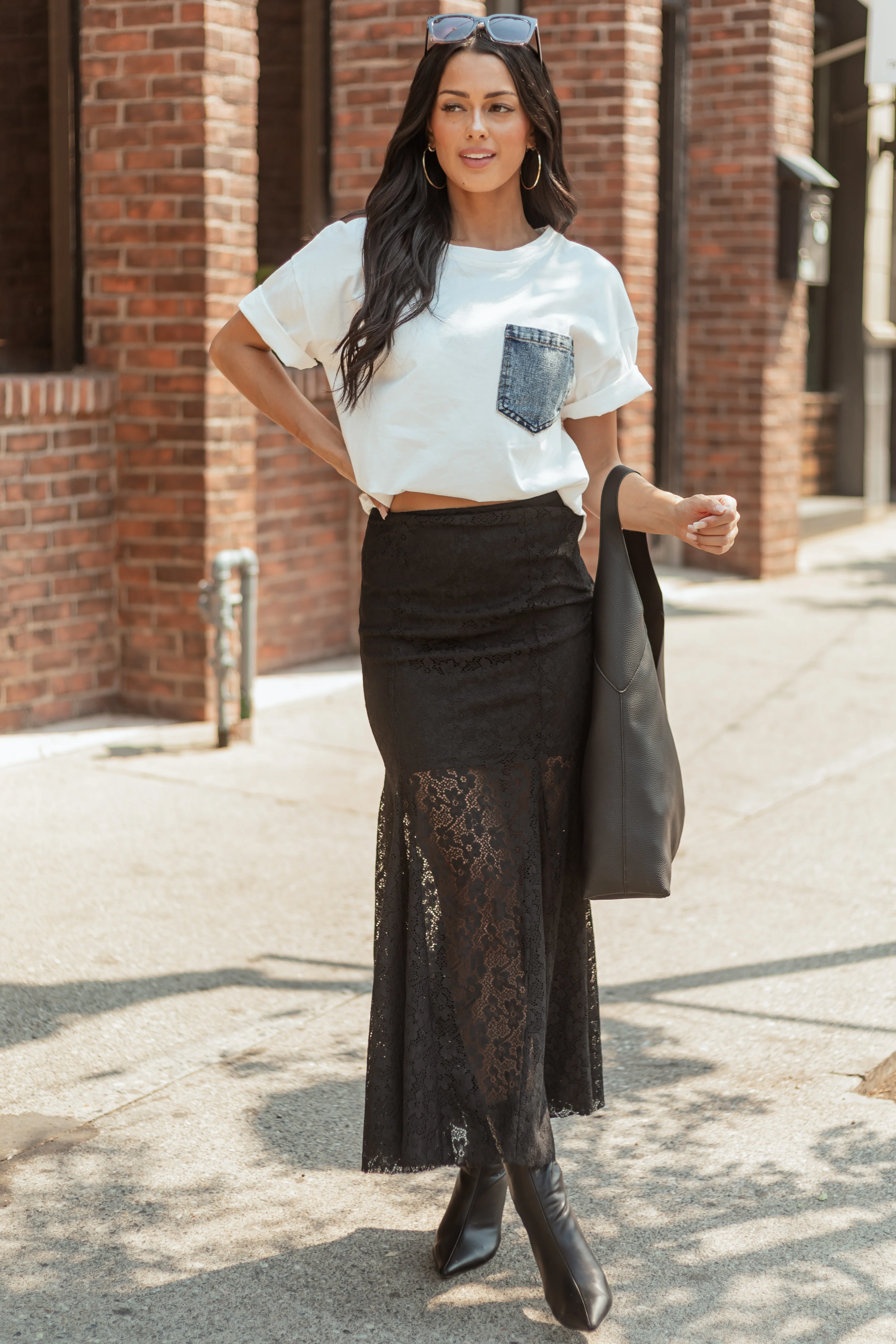 Black Floral Lace Mermaid Hem Maxi Skirt - Image 4