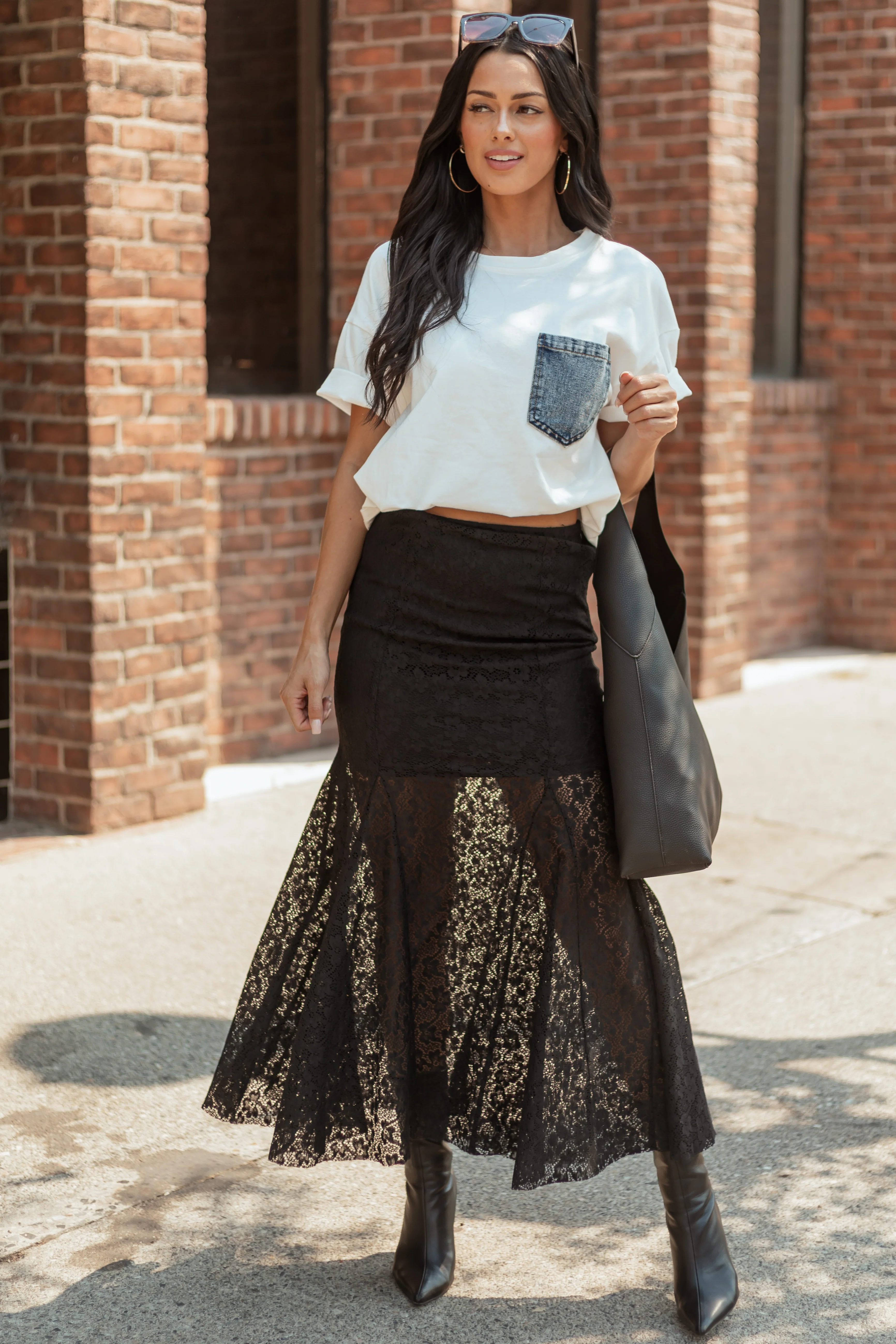 Black Floral Lace Mermaid Hem Maxi Skirt - Image 5