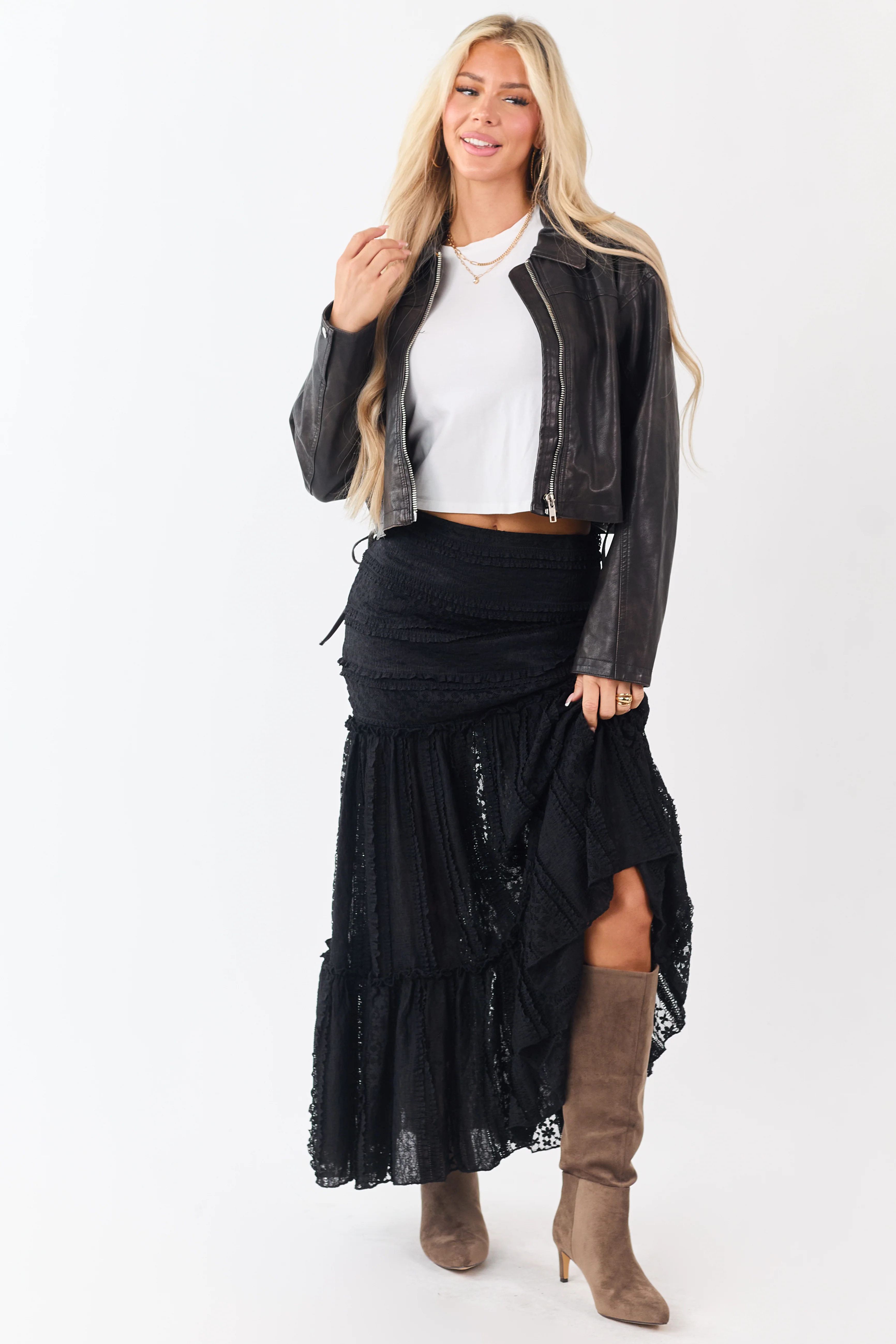 Black Floral Mesh Lace Tiered Maxi Skirt