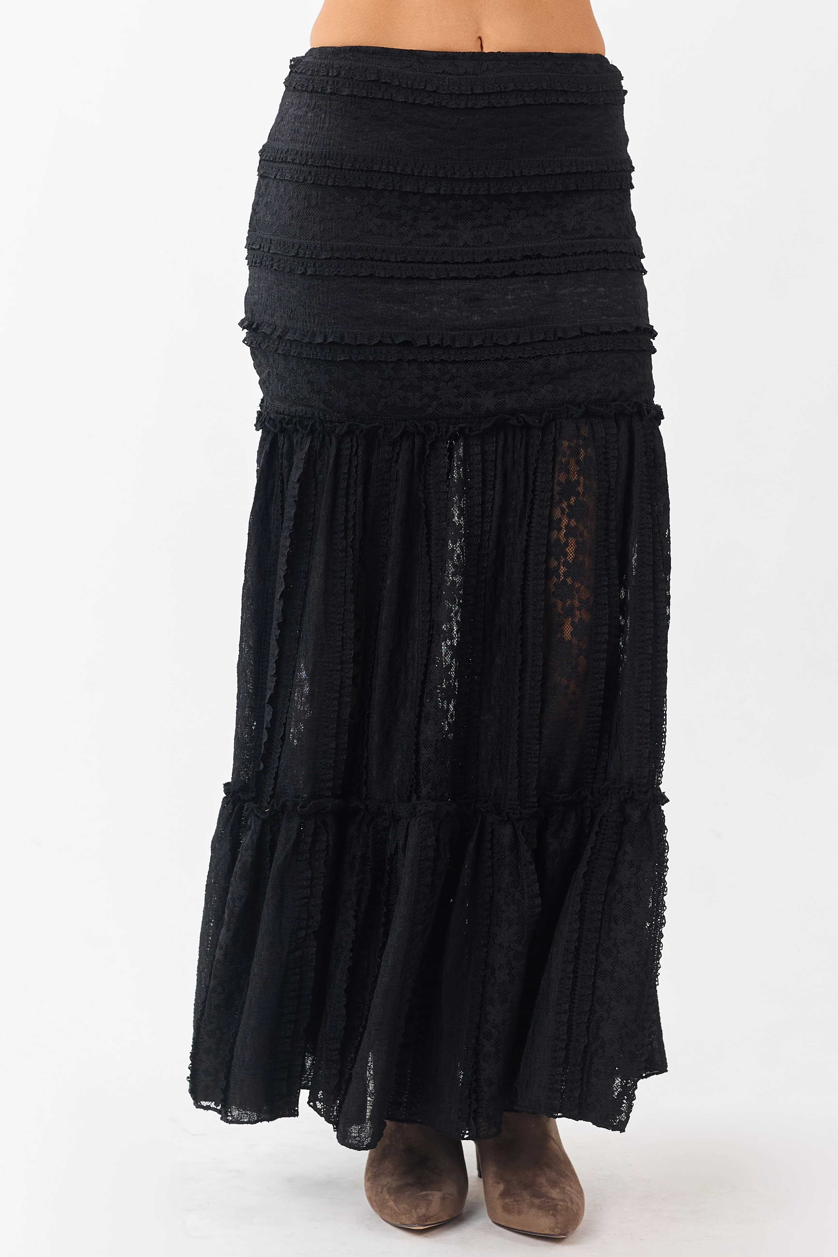 Black Floral Mesh Lace Tiered Maxi Skirt - Image 2