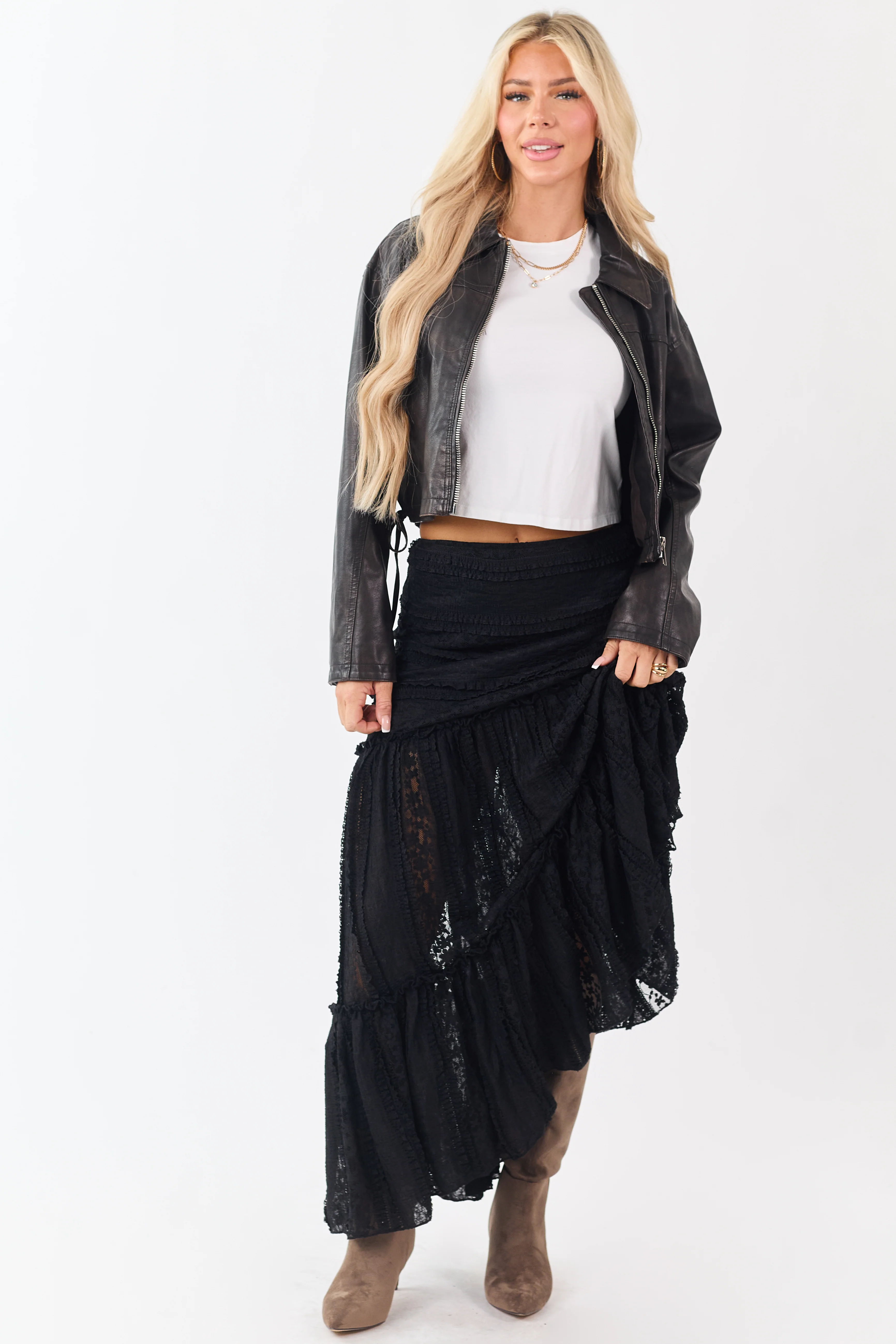 Black Floral Mesh Lace Tiered Maxi Skirt - Image 5
