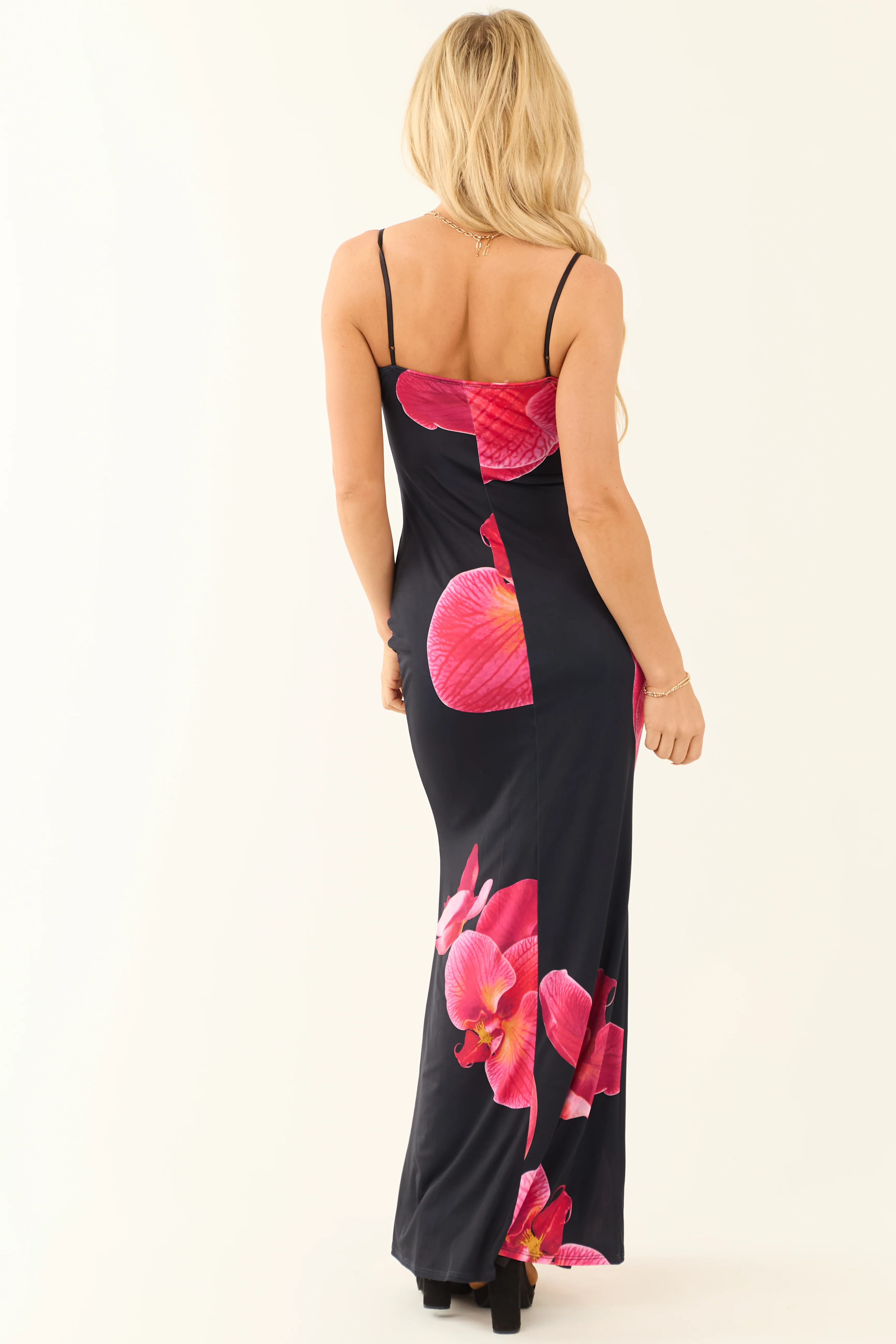 Black Floral Print Sleeveless Satin Maxi Dress - Image 5
