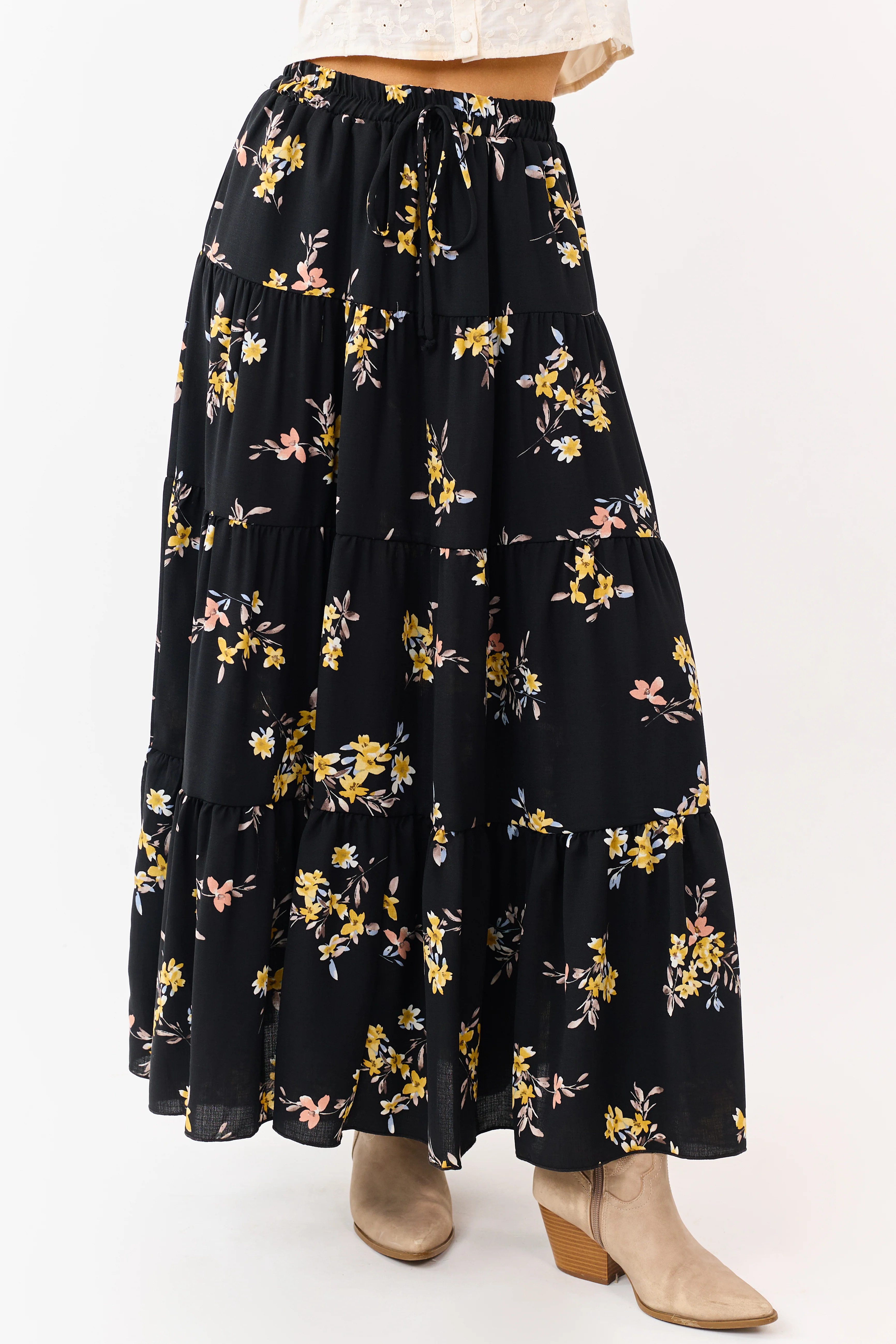 Black Floral Print Elastic Waist Tiered Maxi Skirt - Image 2