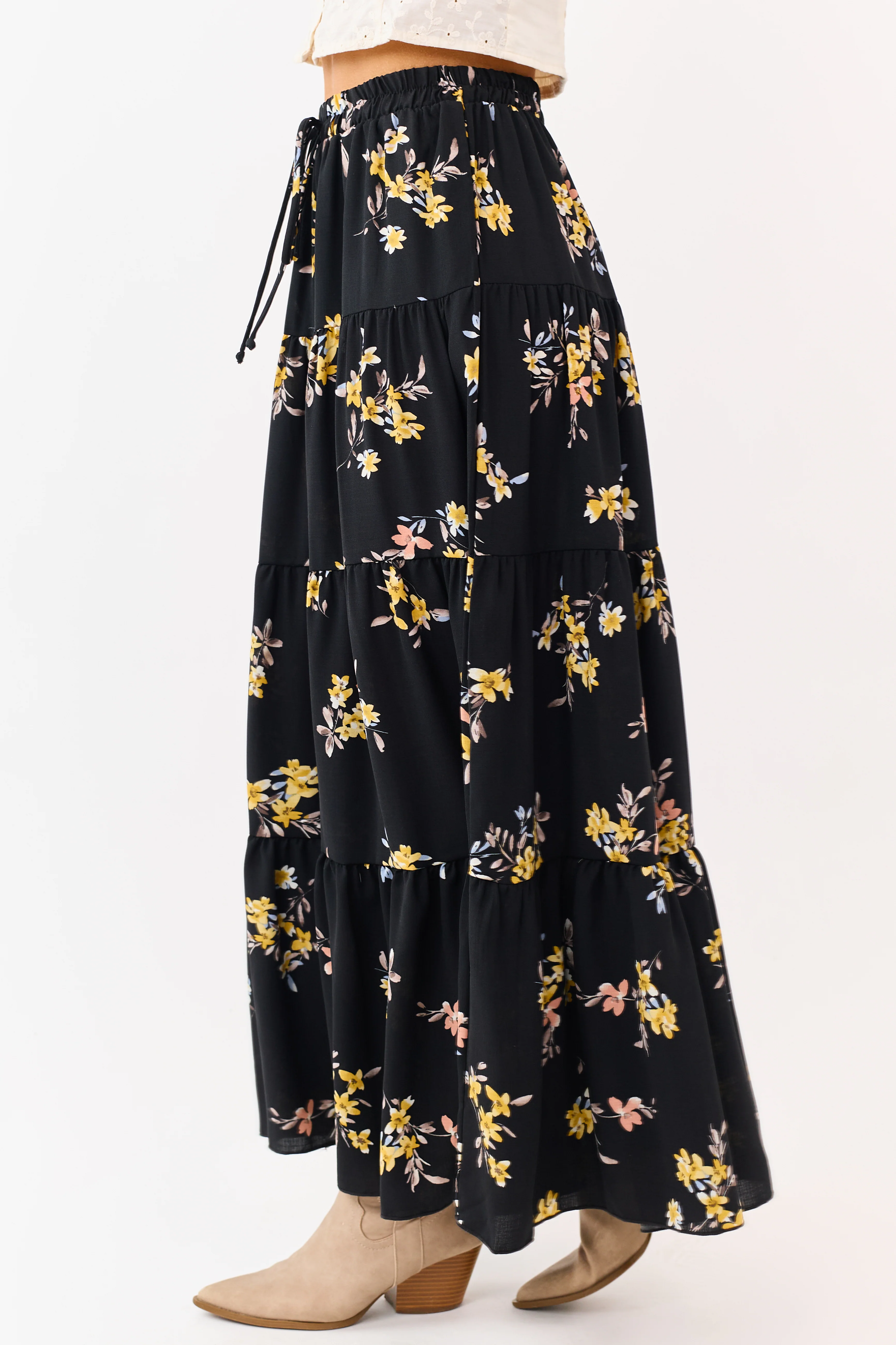 Black Floral Print Elastic Waist Tiered Maxi Skirt - Image 3