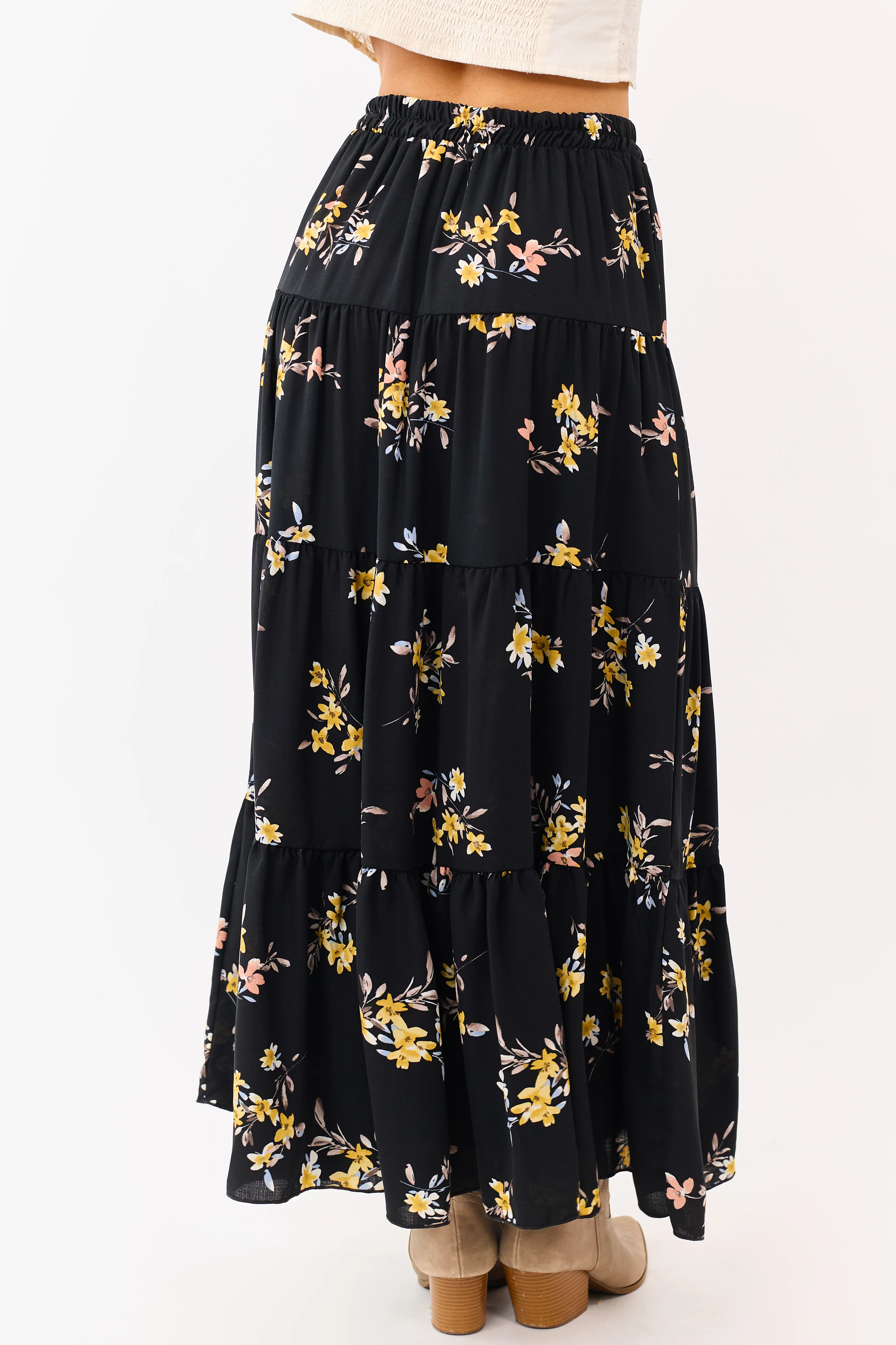 Black Floral Print Elastic Waist Tiered Maxi Skirt - Image 4