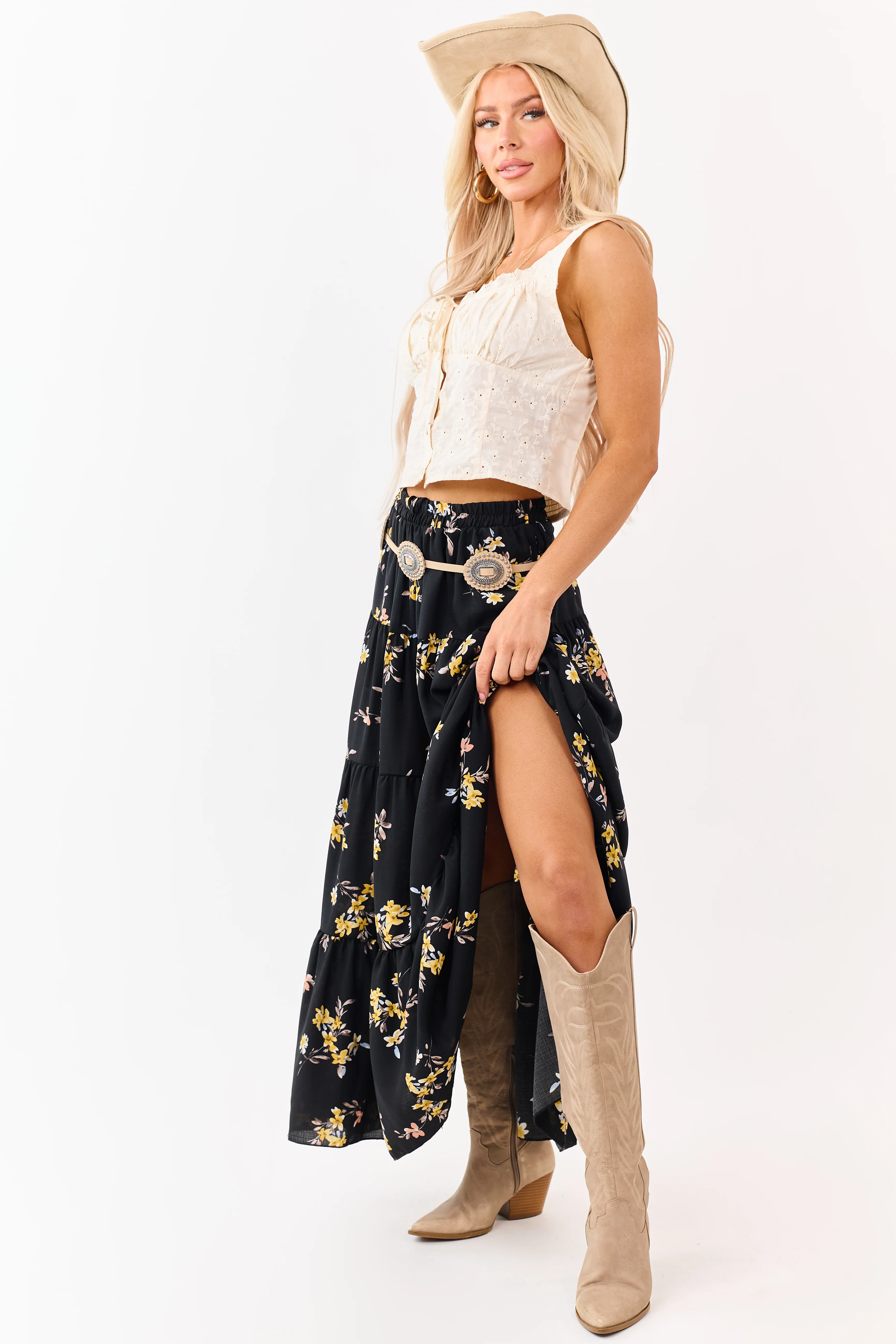 Black Floral Print Elastic Waist Tiered Maxi Skirt - Image 5