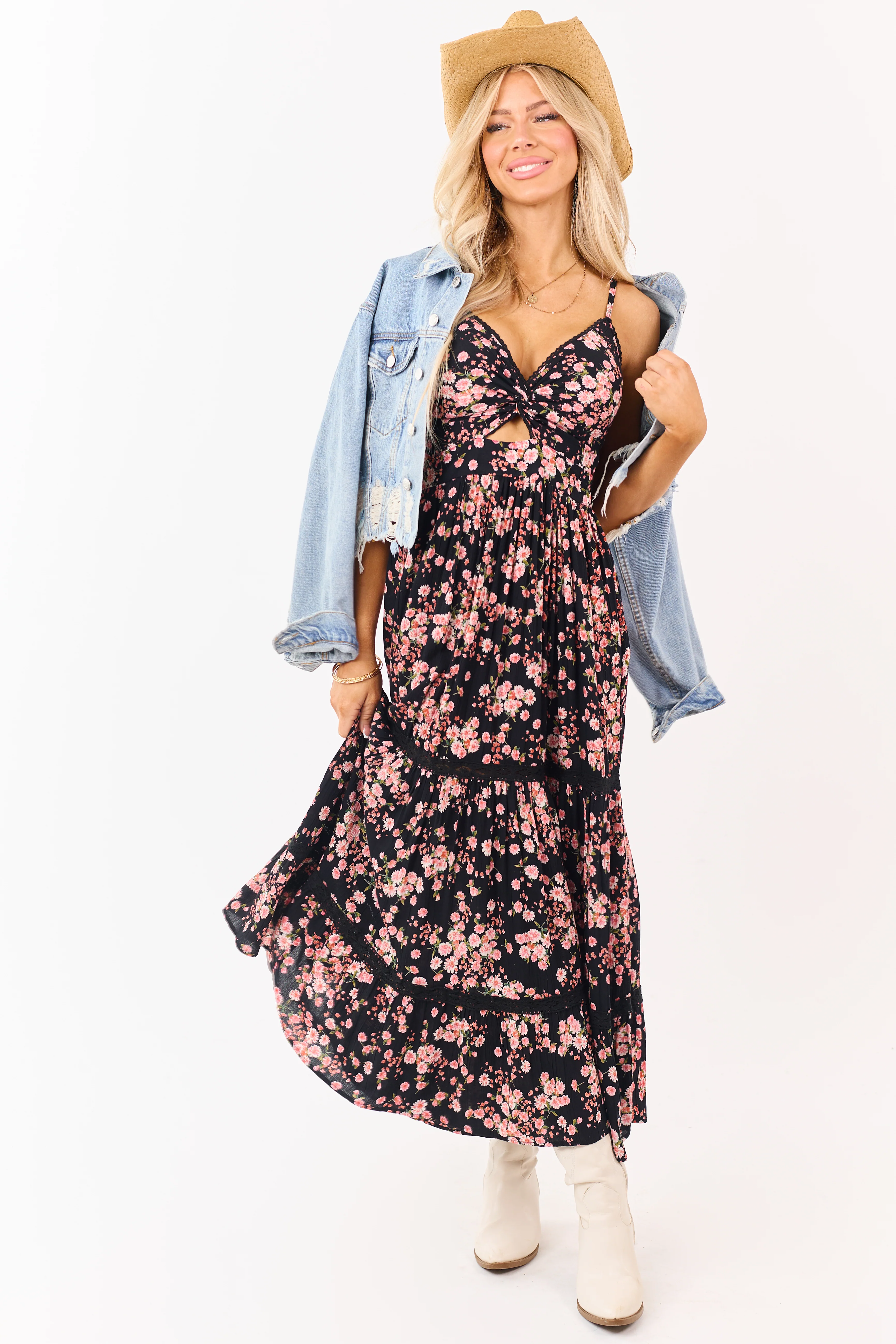 Black Floral Print Front Twist Deep V Maxi Dress - Image 4