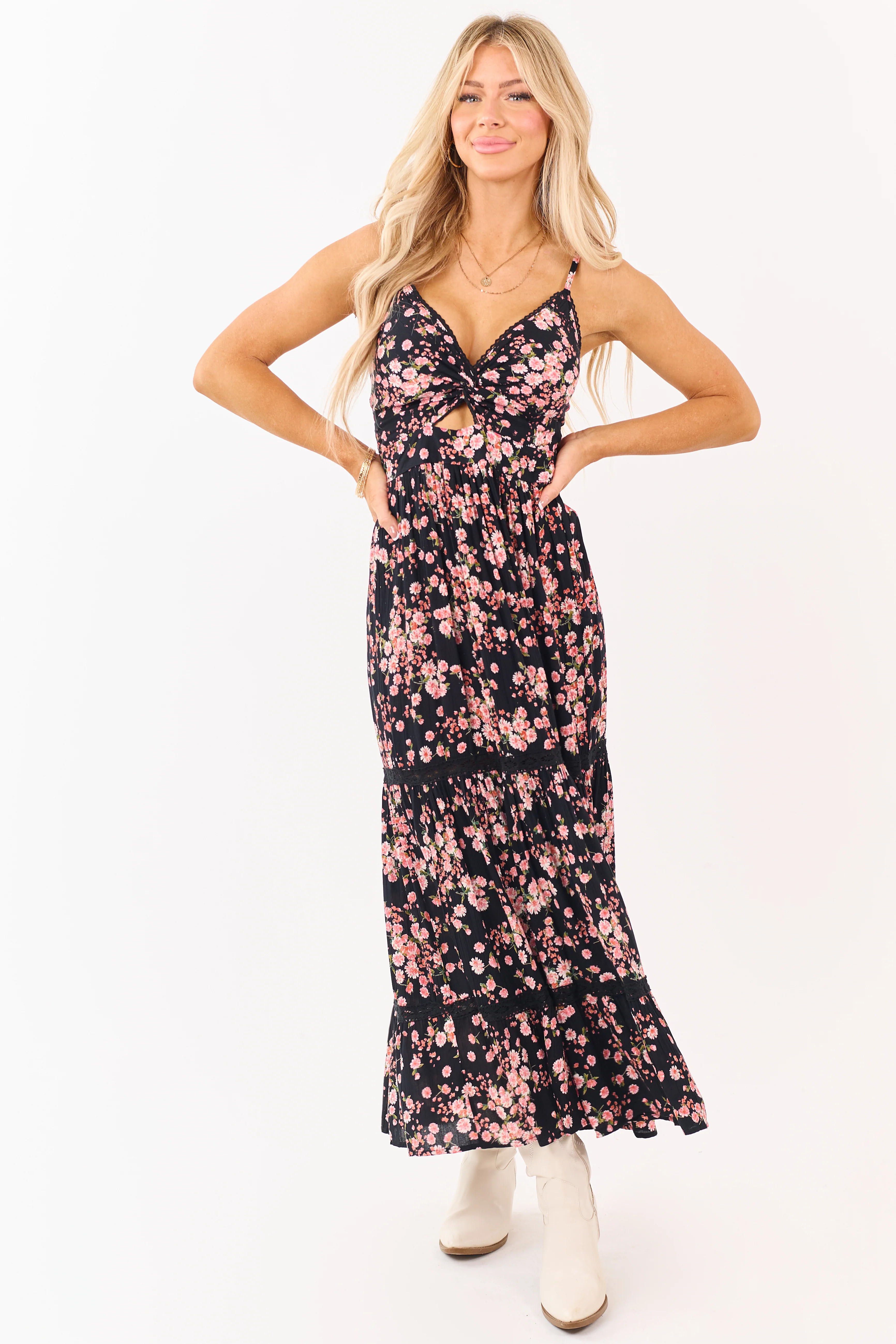Black Floral Print Front Twist Deep V Maxi Dress - Image 5