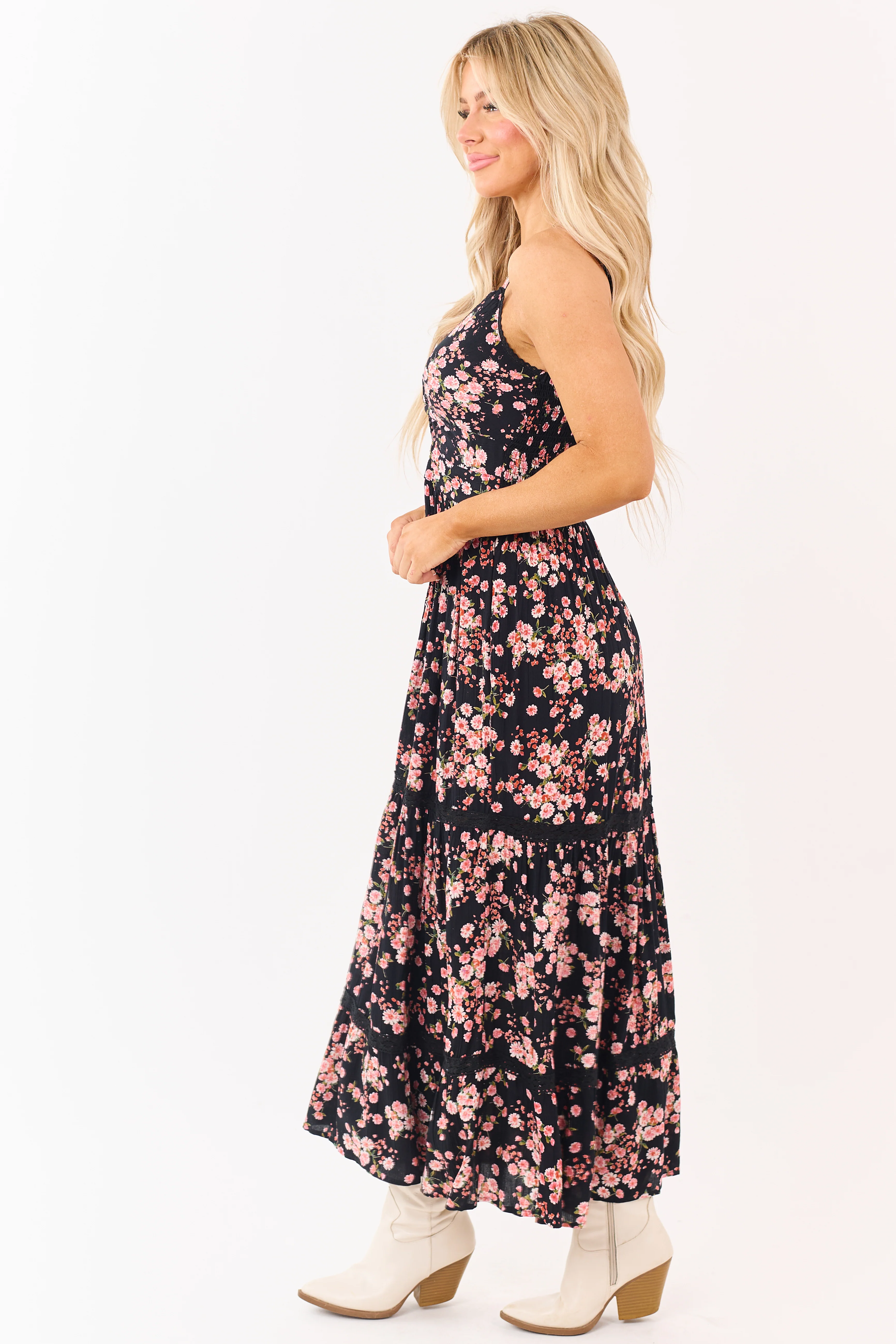Black Floral Print Front Twist Deep V Maxi Dress - Image 6
