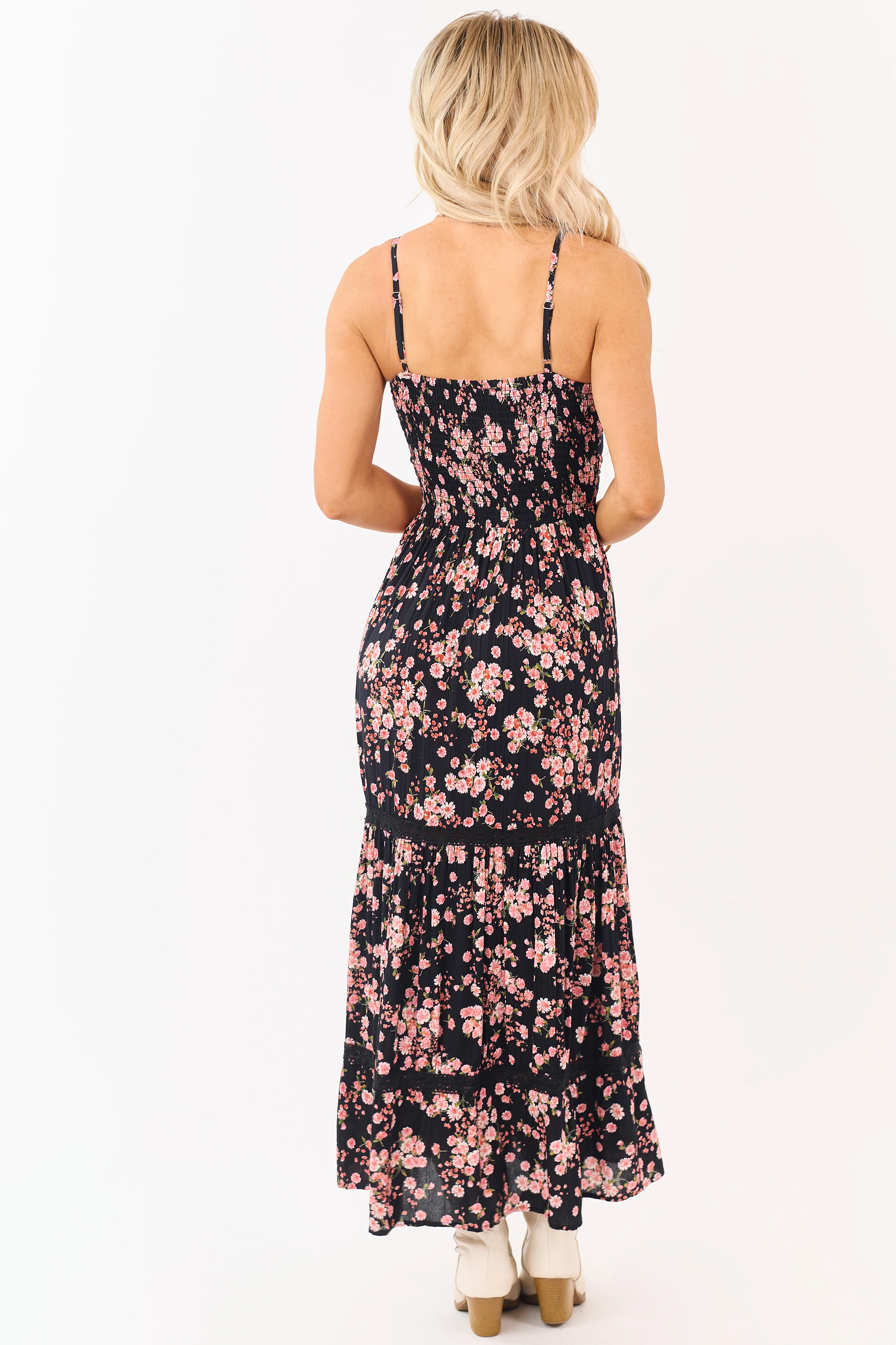 Black Floral Print Front Twist Deep V Maxi Dress - Image 7