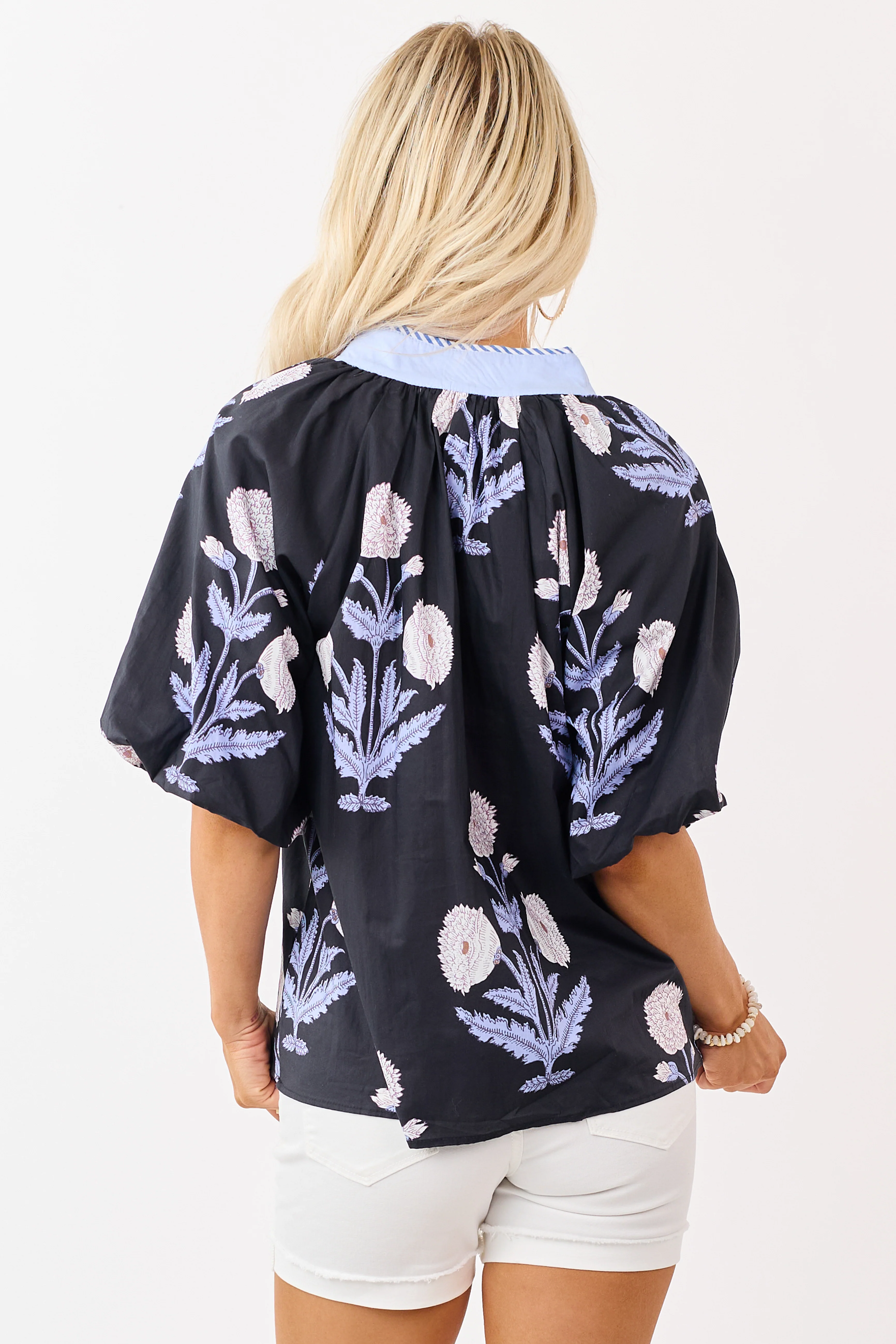 Black Floral Print Half Puff Sleeve Cotton Top - Image 6