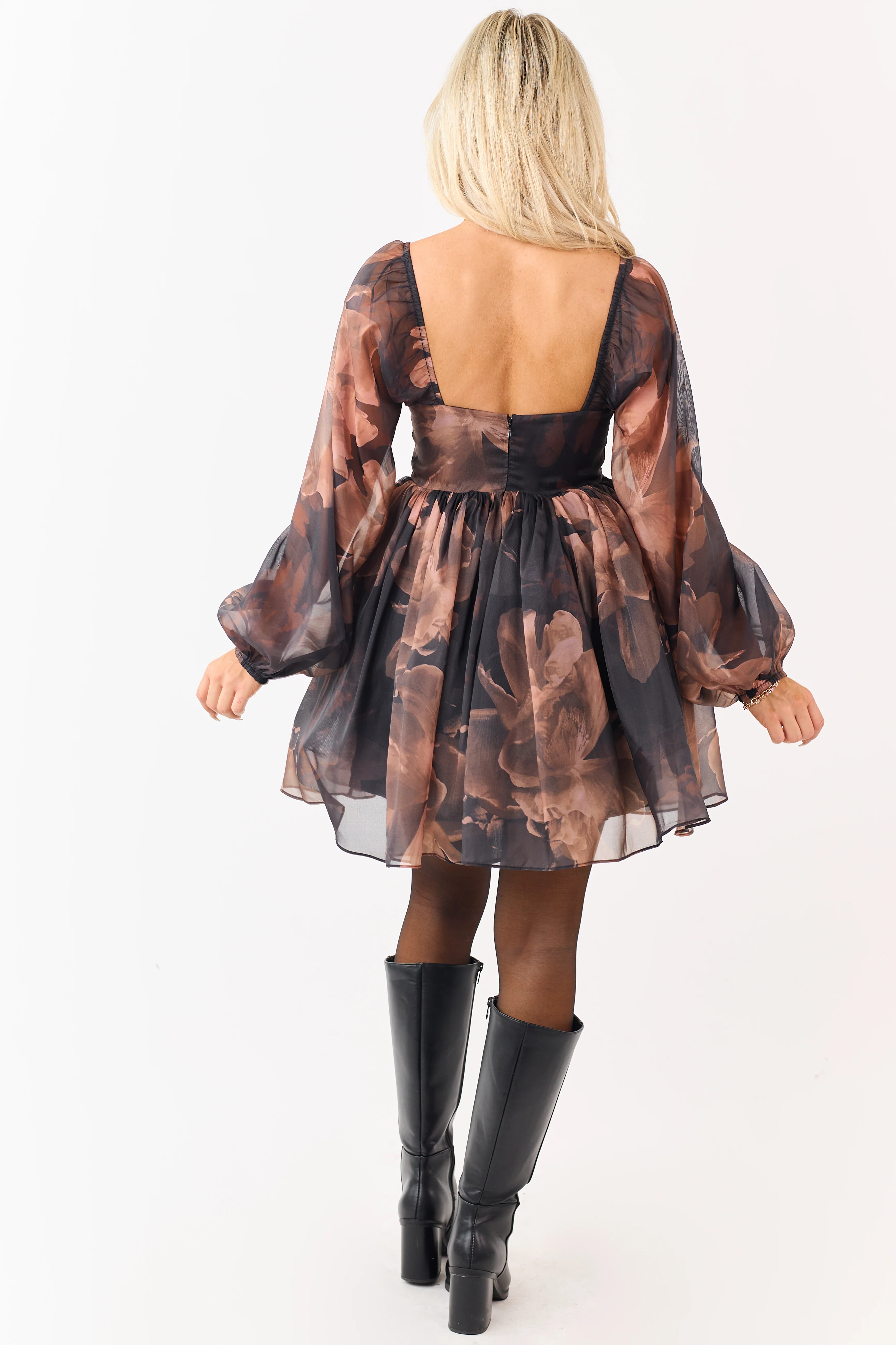Black Floral Print Organza Babydoll Mini Dress - Image 6