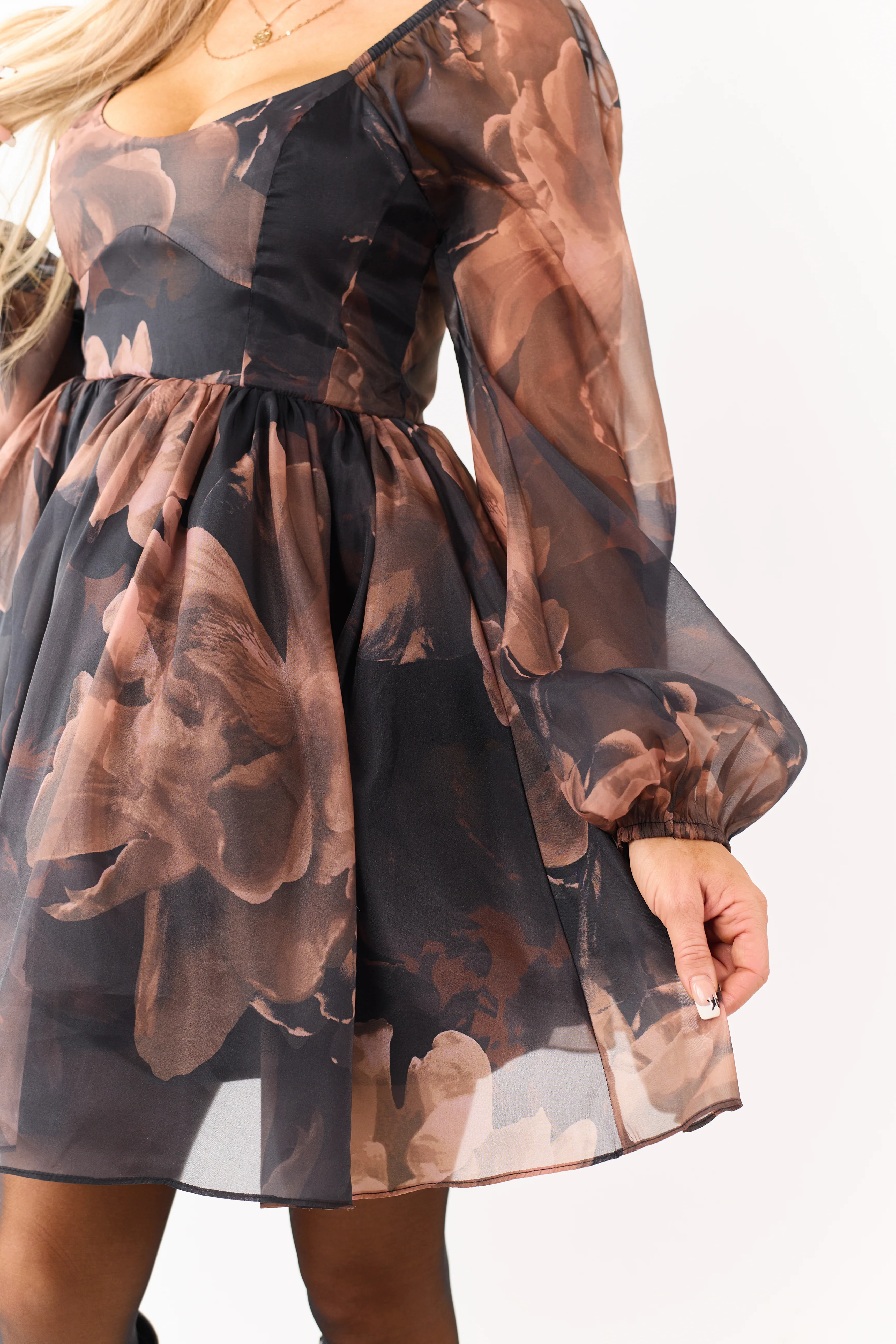 Black Floral Print Organza Babydoll Mini Dress - Image 7
