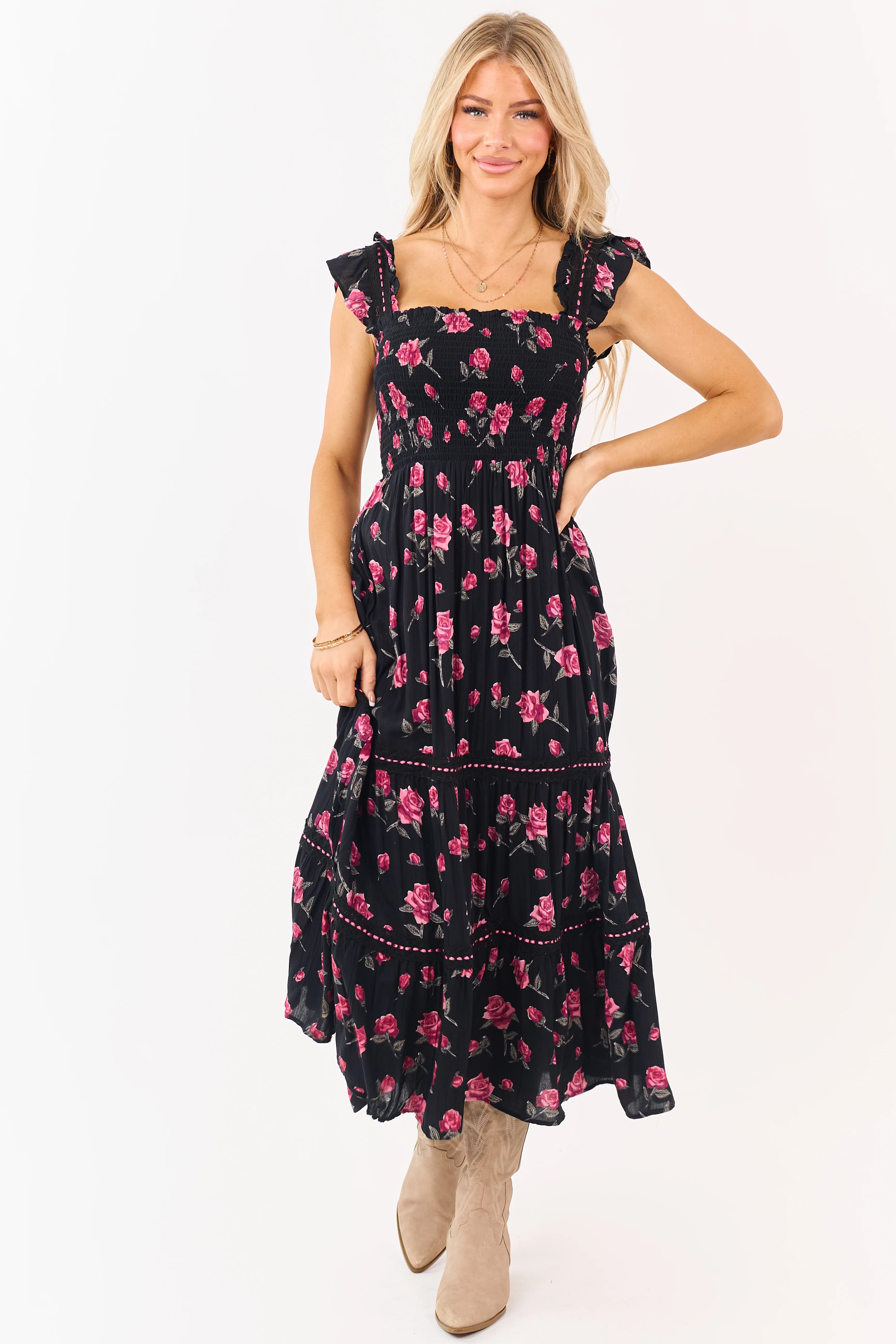 Black Floral Print Smocked Lace Detail Midi Dress - Image 4