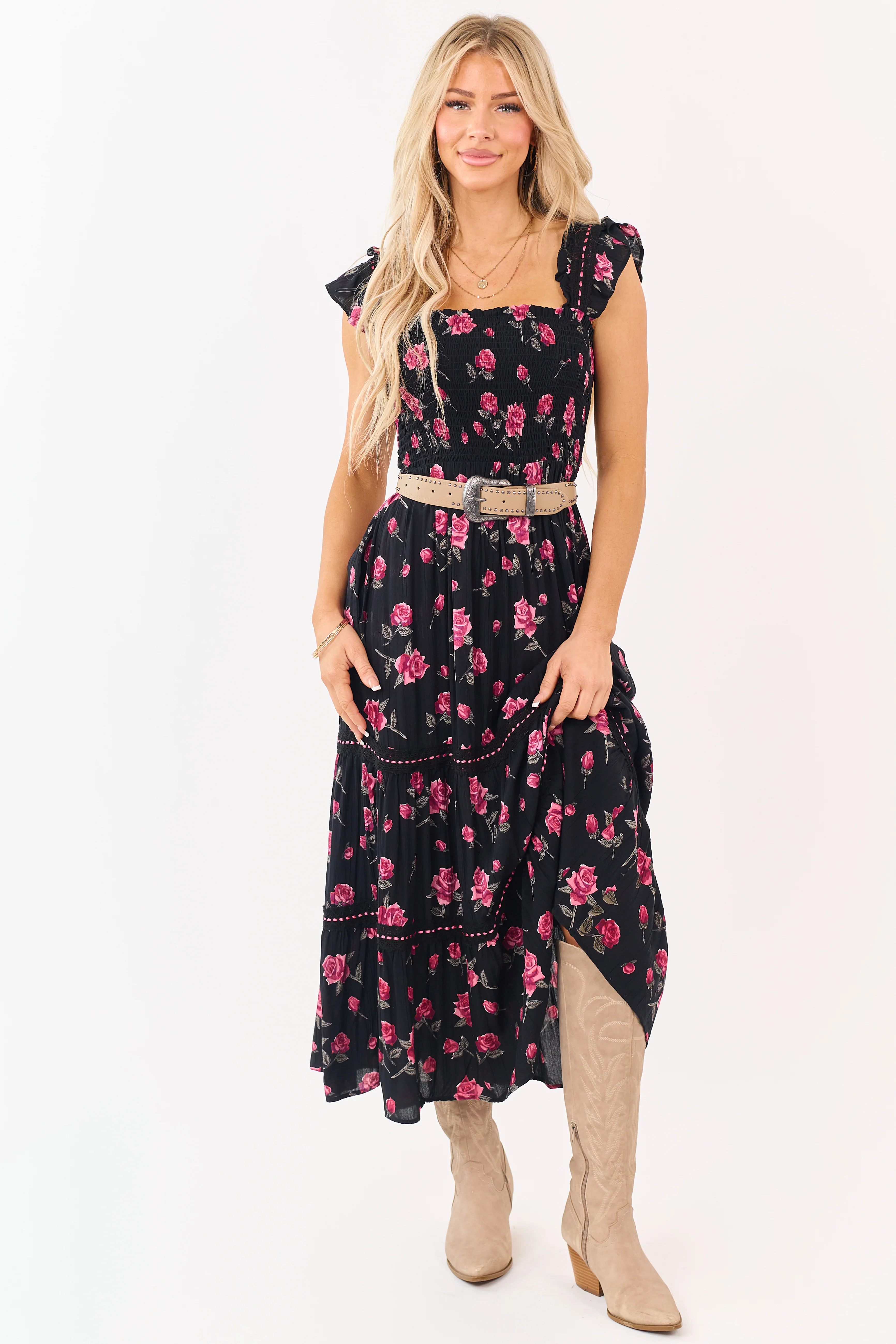 Black Floral Print Smocked Lace Detail Midi Dress - Image 5