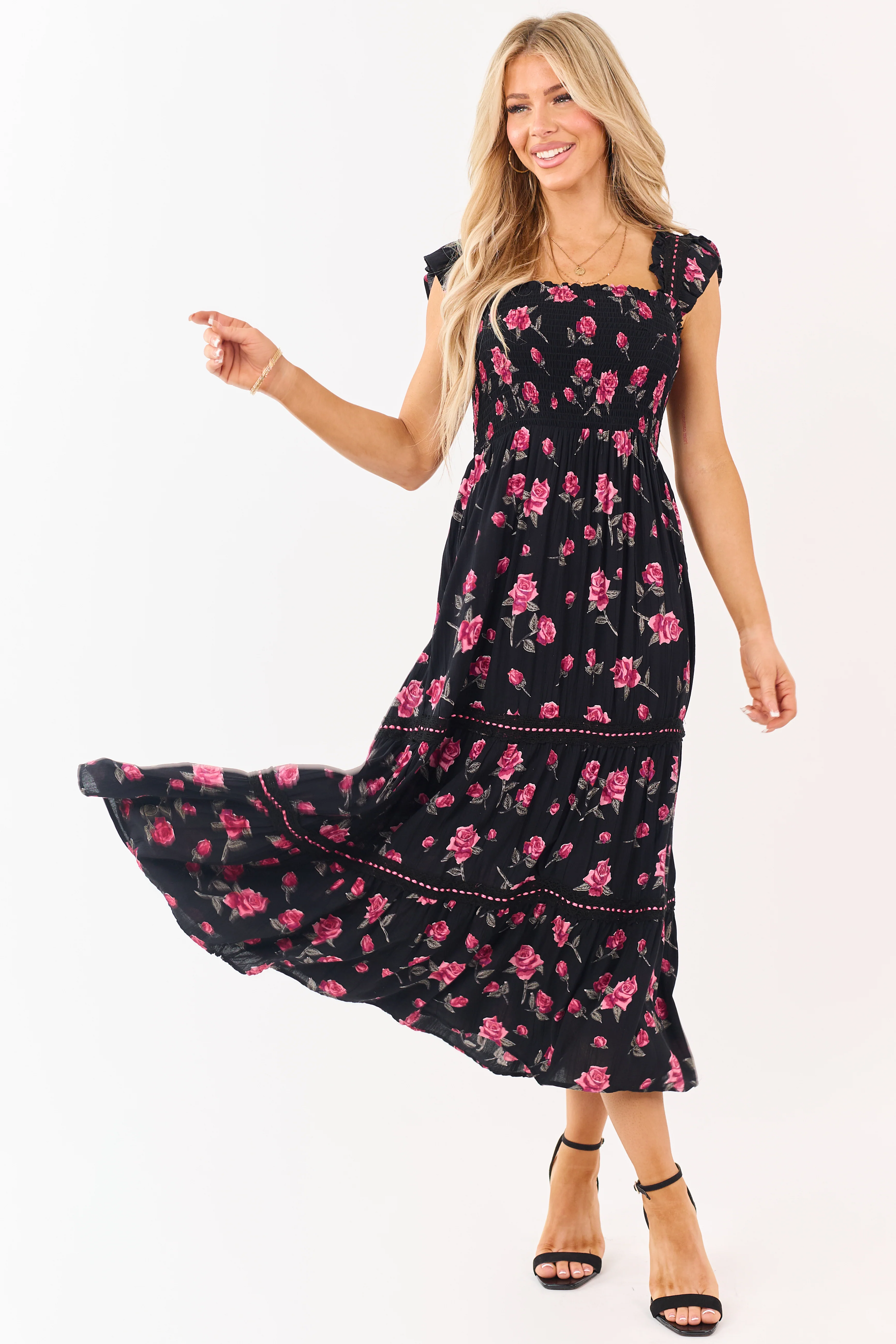 Black Floral Print Smocked Lace Detail Midi Dress - Image 6