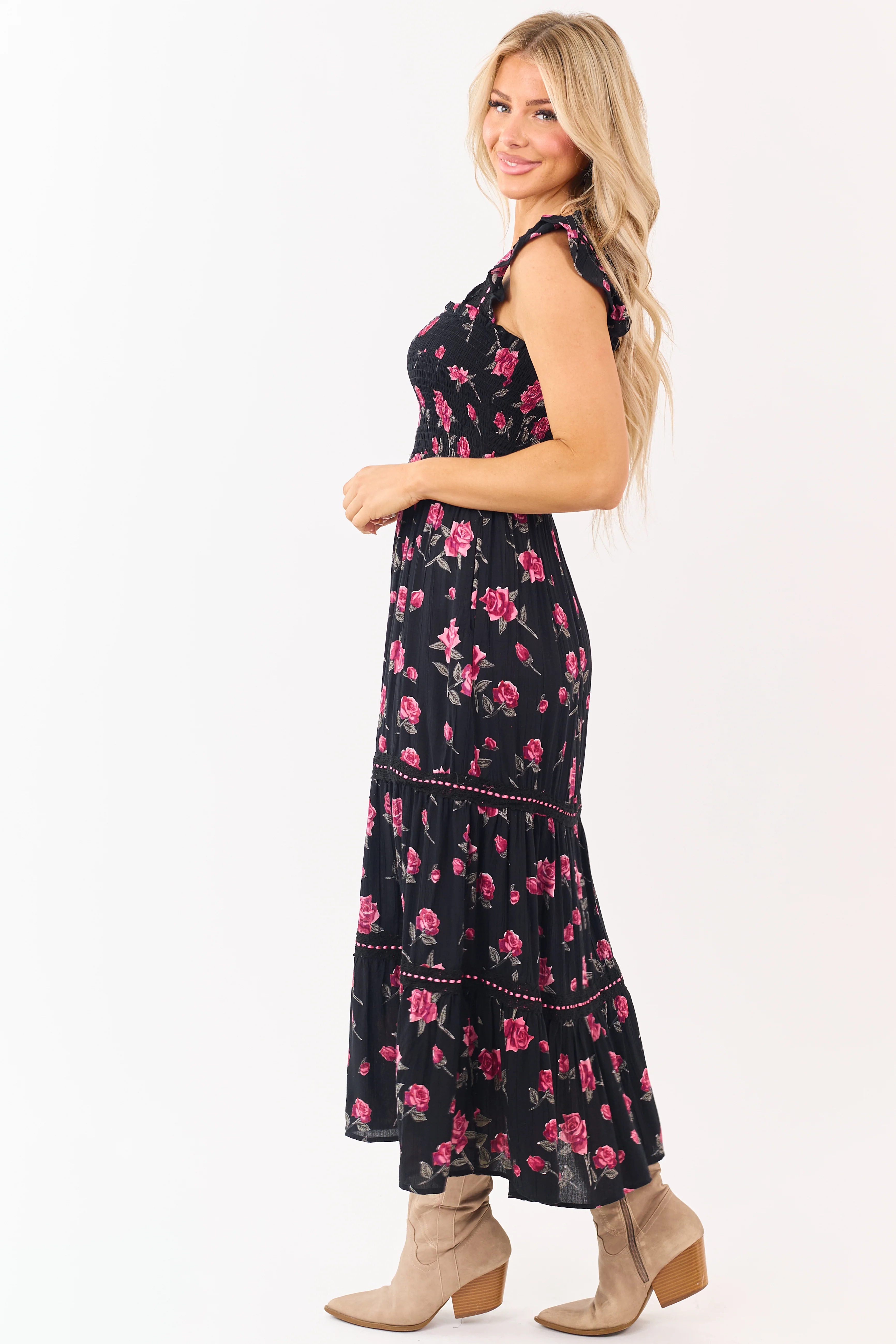 Black Floral Print Smocked Lace Detail Midi Dress - Image 7