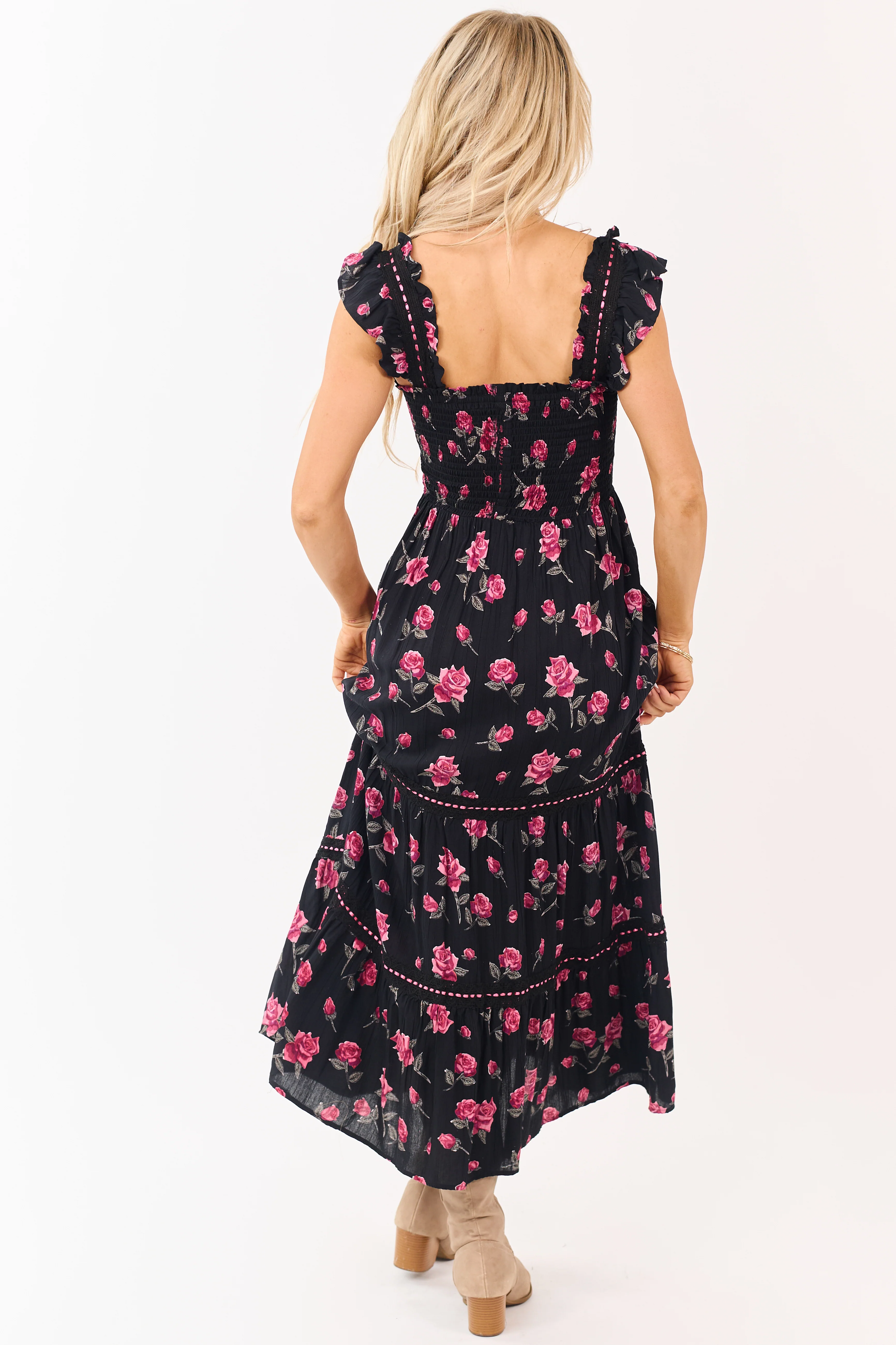 Black Floral Print Smocked Lace Detail Midi Dress - Image 8