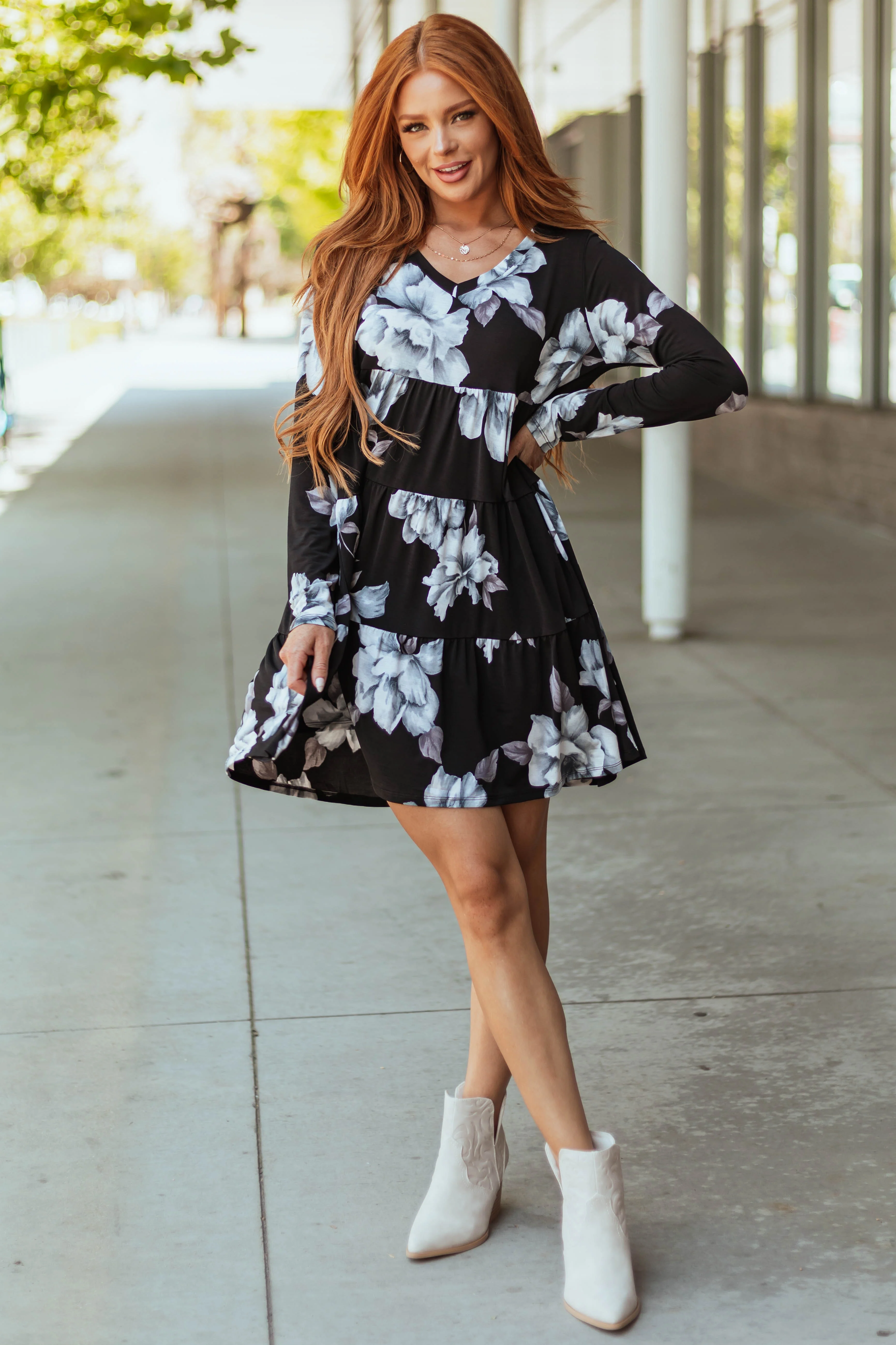 Black Floral Print Tiered V Neck Mini Dress - Image 2