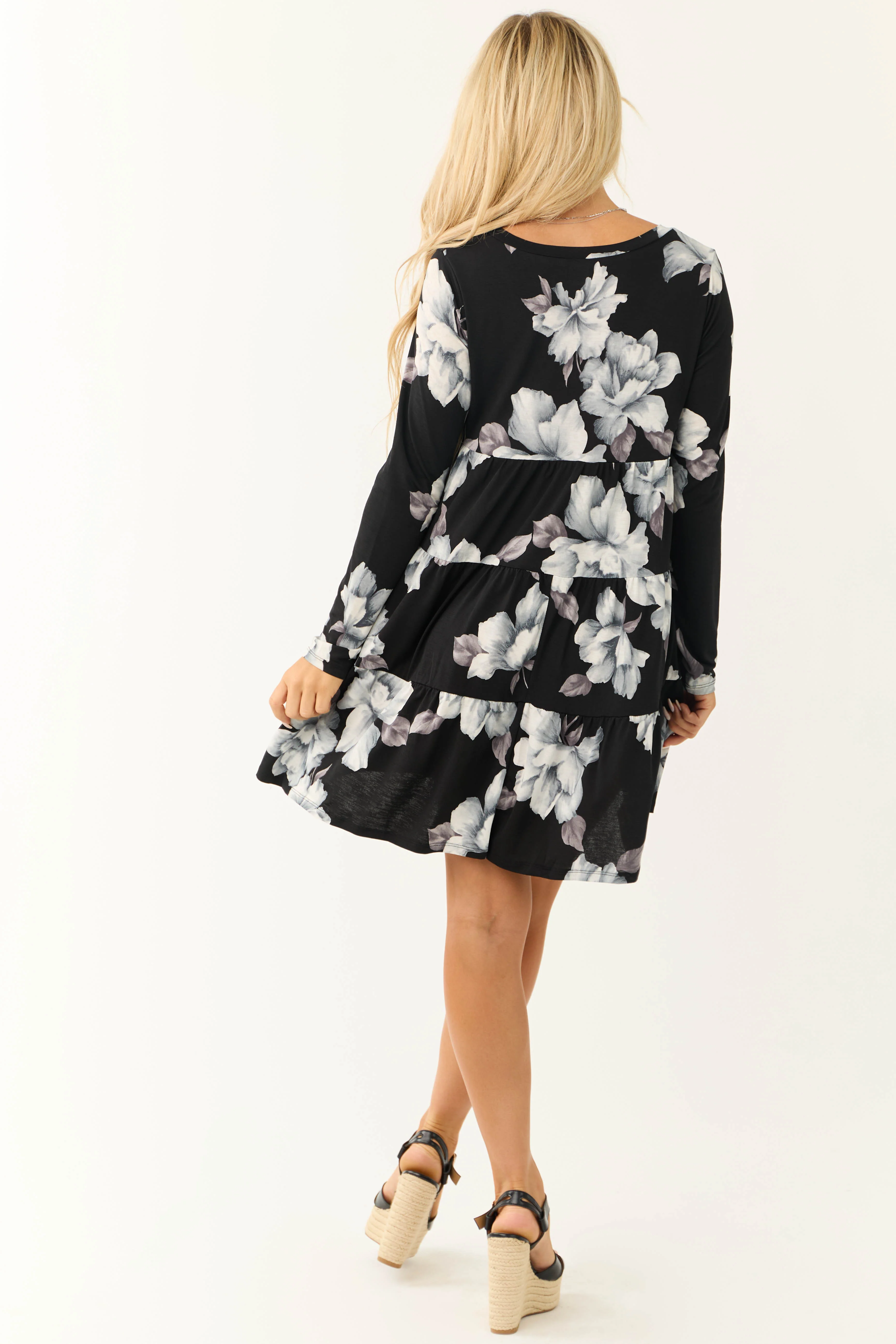 Black Floral Print Tiered V Neck Mini Dress - Image 7