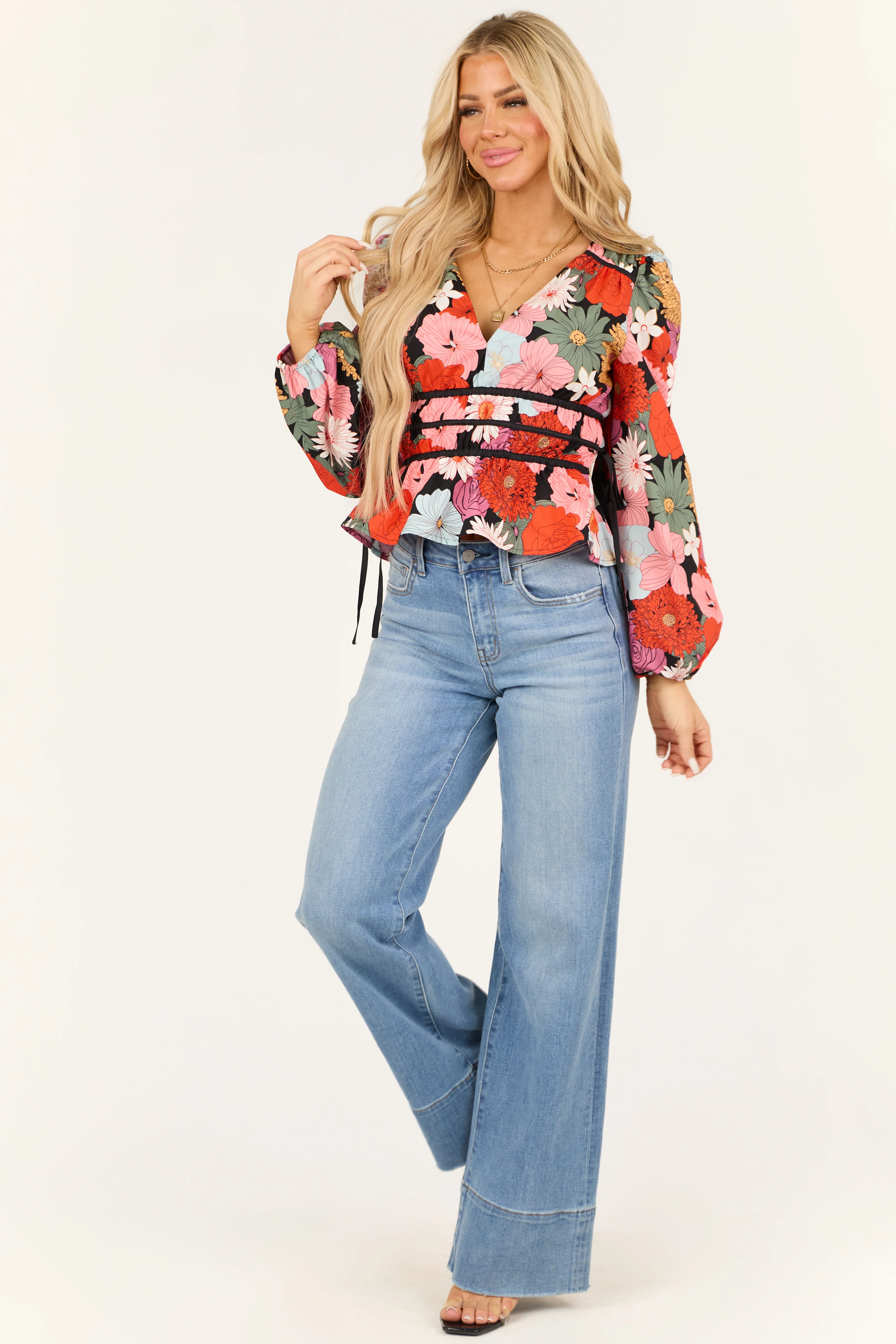 Black Floral Print V Neck Cinched Waist Top - Image 3