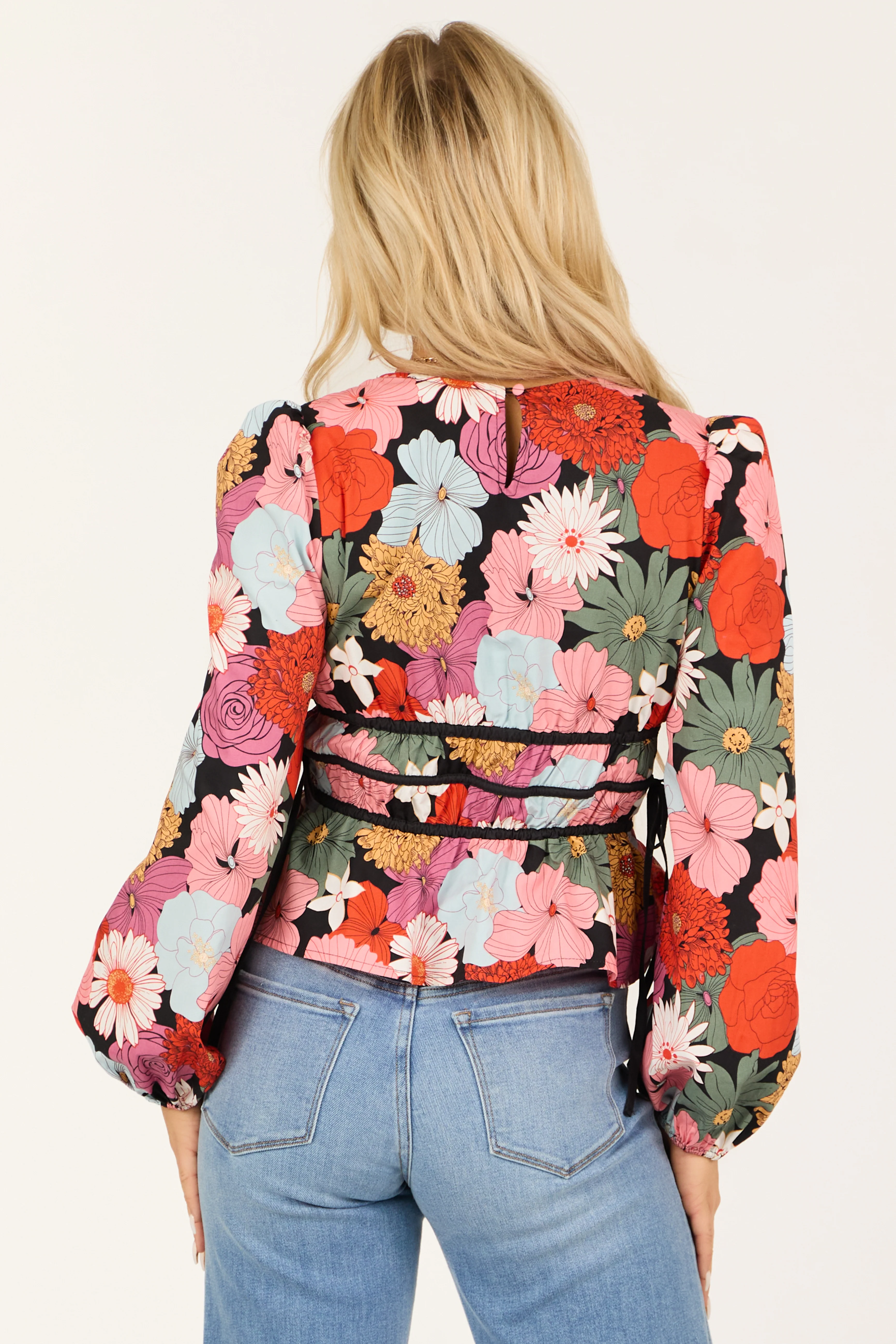 Black Floral Print V Neck Cinched Waist Top - Image 5