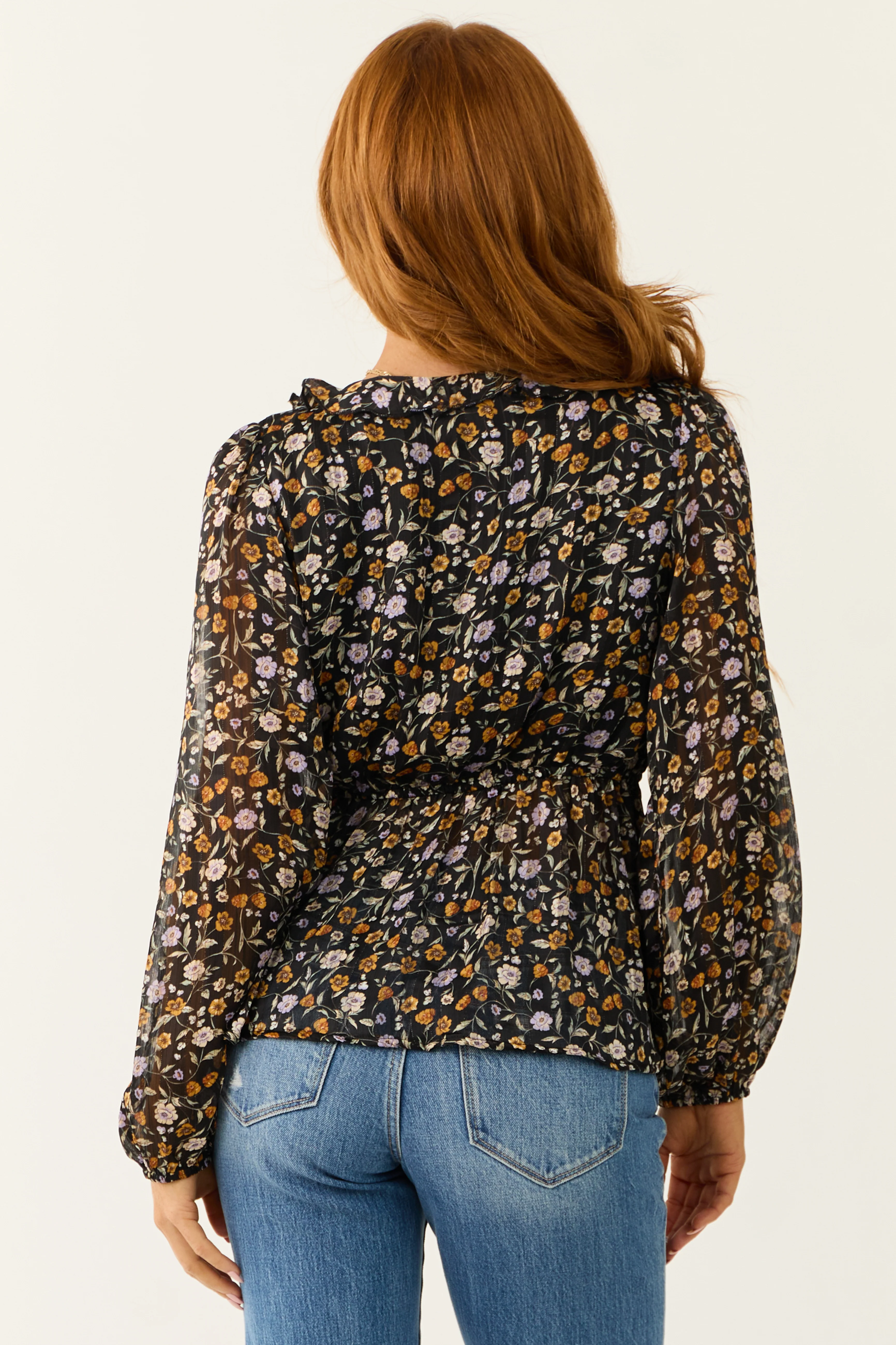 Black Flower Print Surplice Front Peplum Blouse - Image 8