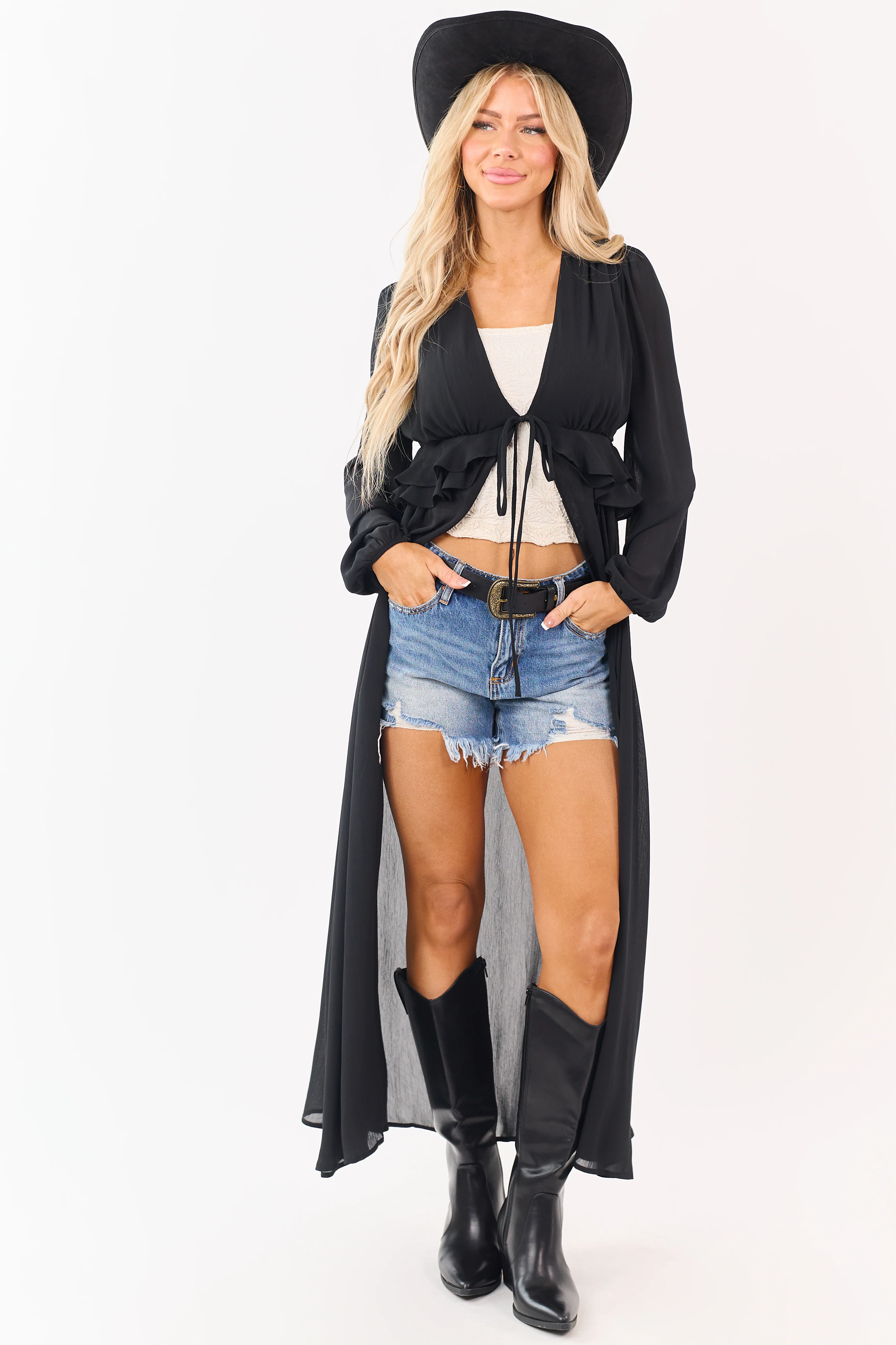 Black Front Tie Side Cut Out Sheer Duster Cardigan - Image 3