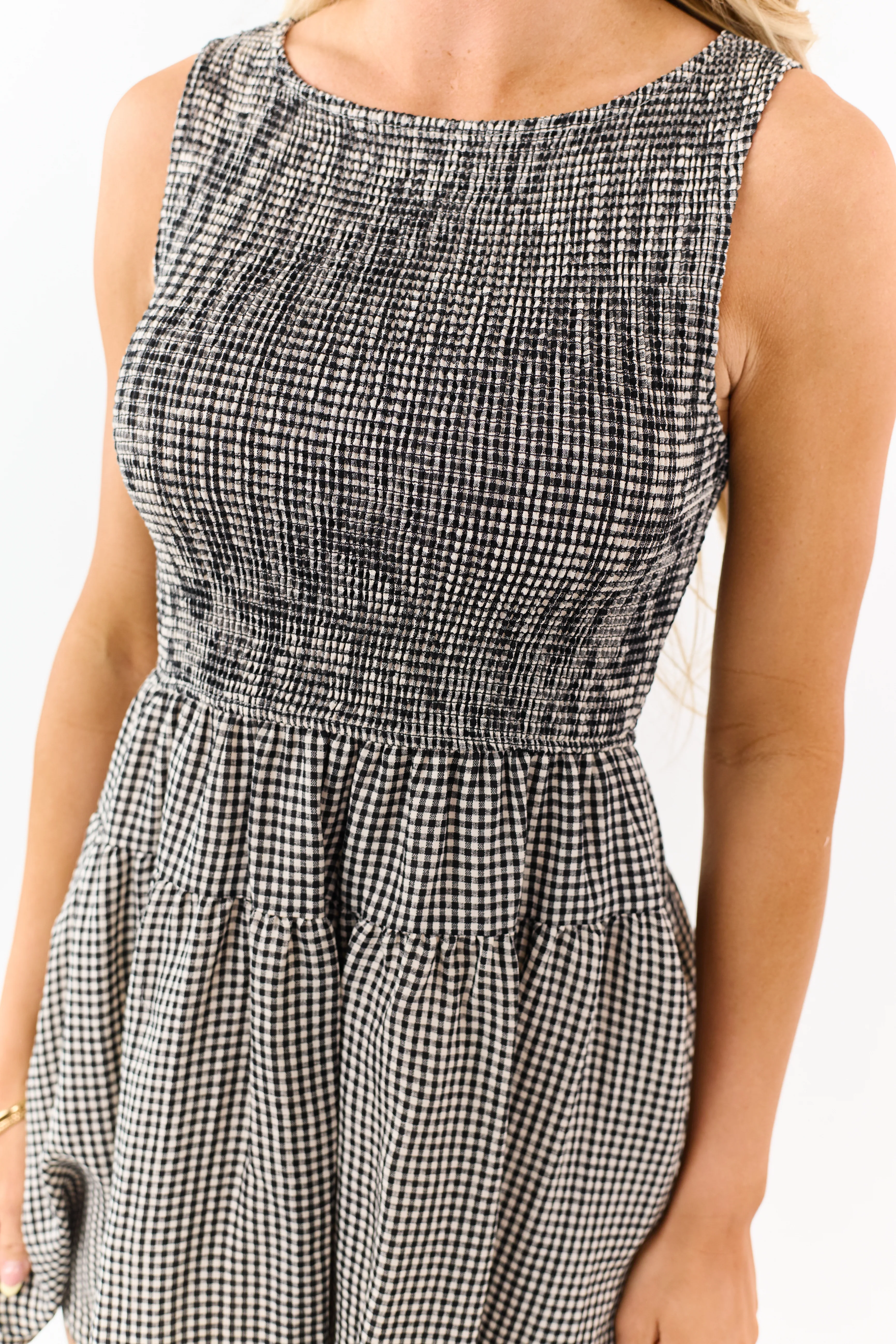 Black Gingham Smocked Bodice Sleeveless Mini Dress - Image 6