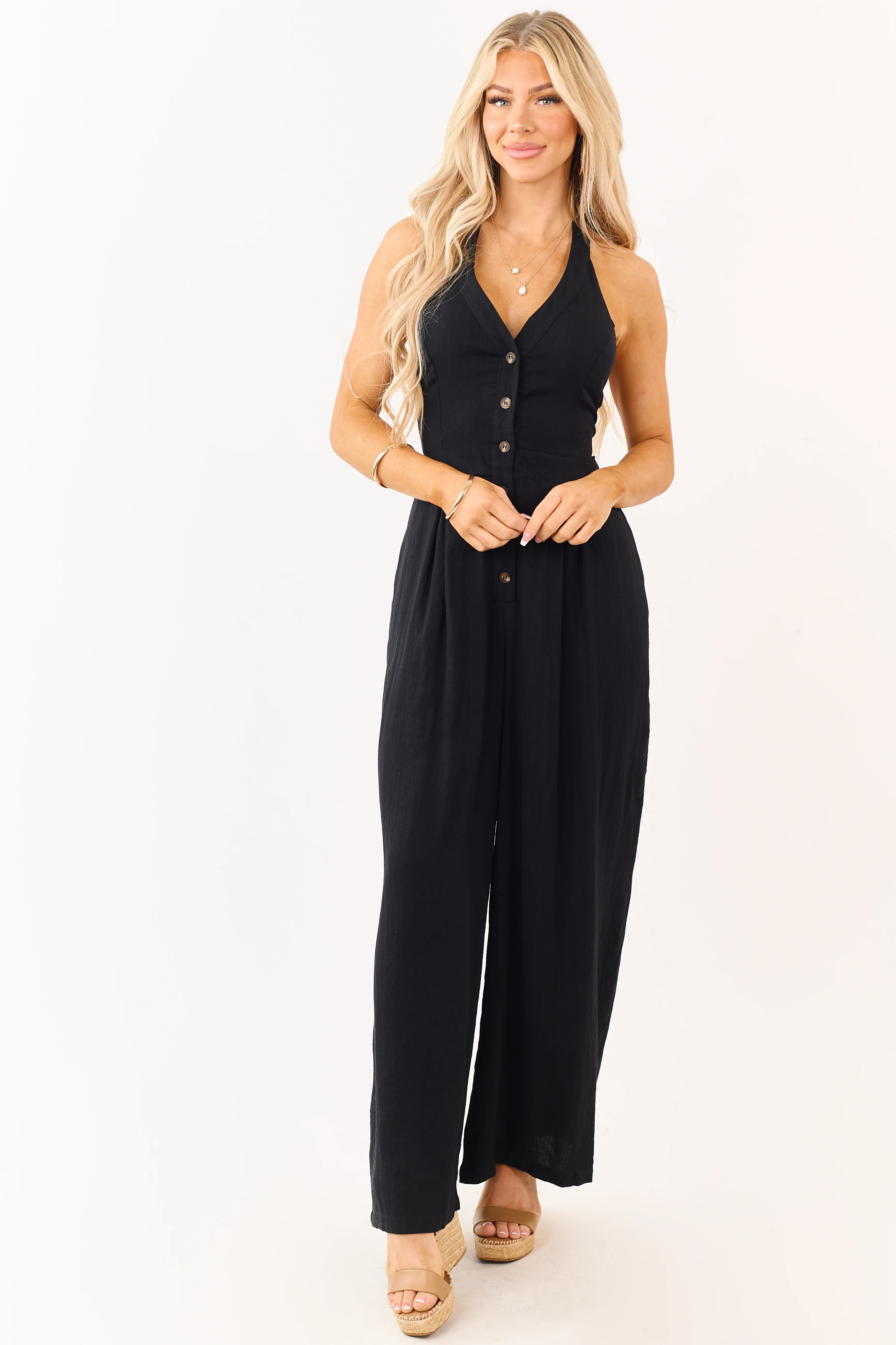 Black Halter Neck Buttoned Wide Leg Jumpsuit - Image 2