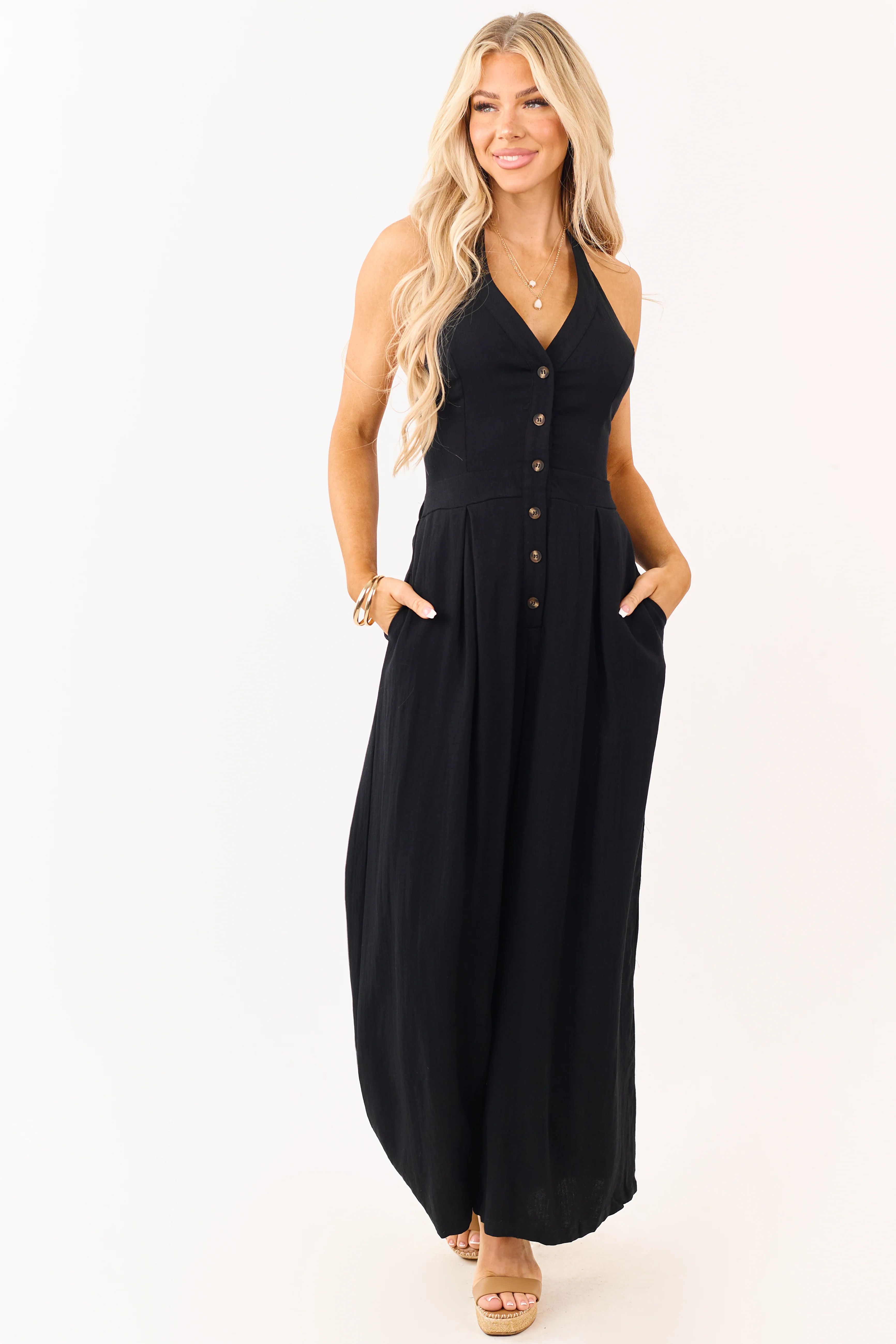 Black Halter Neck Buttoned Wide Leg Jumpsuit - Image 3
