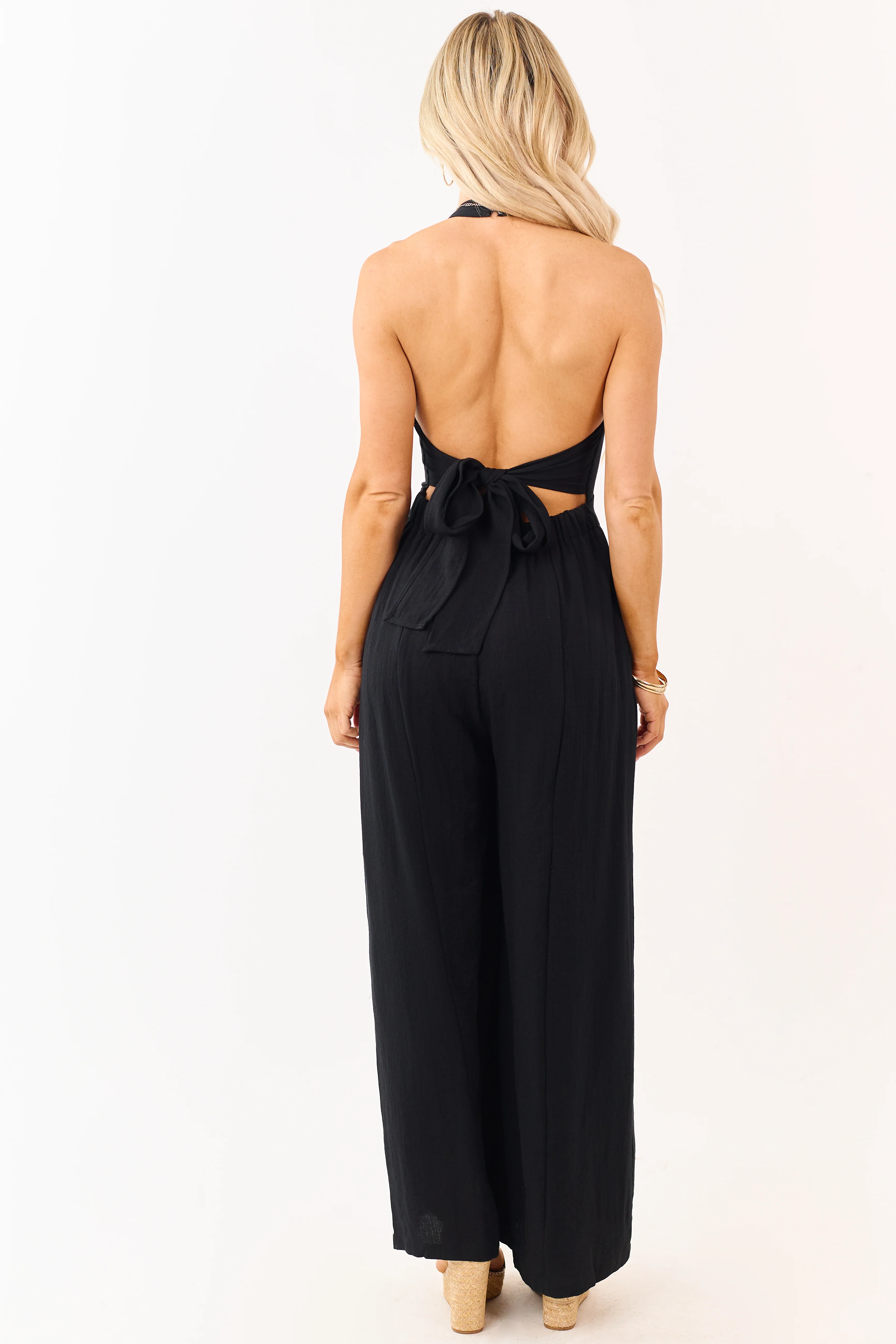 Black Halter Neck Buttoned Wide Leg Jumpsuit - Image 5