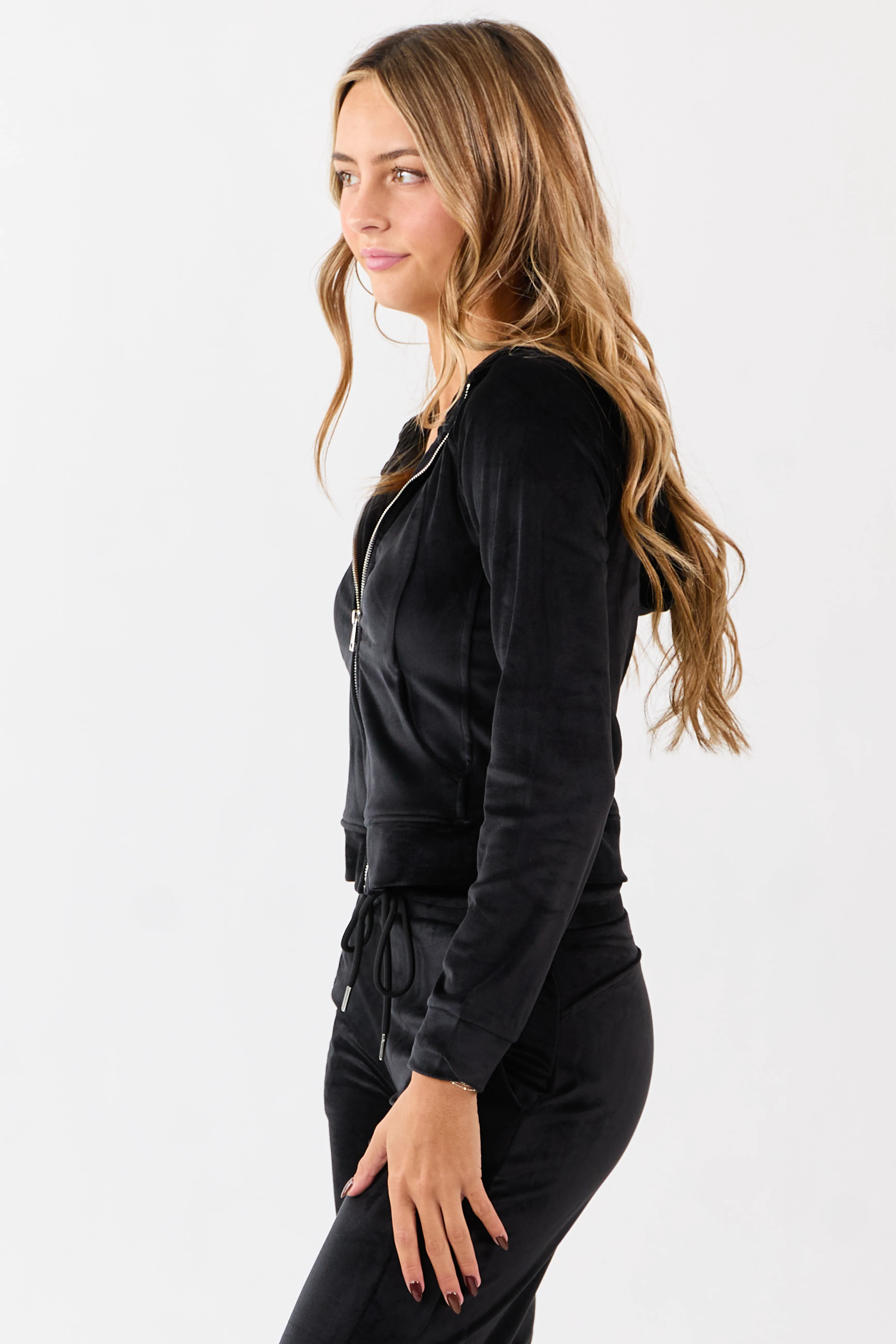 Black Hooded Cropped Soft Plush Zip Up Jacket - Image 4