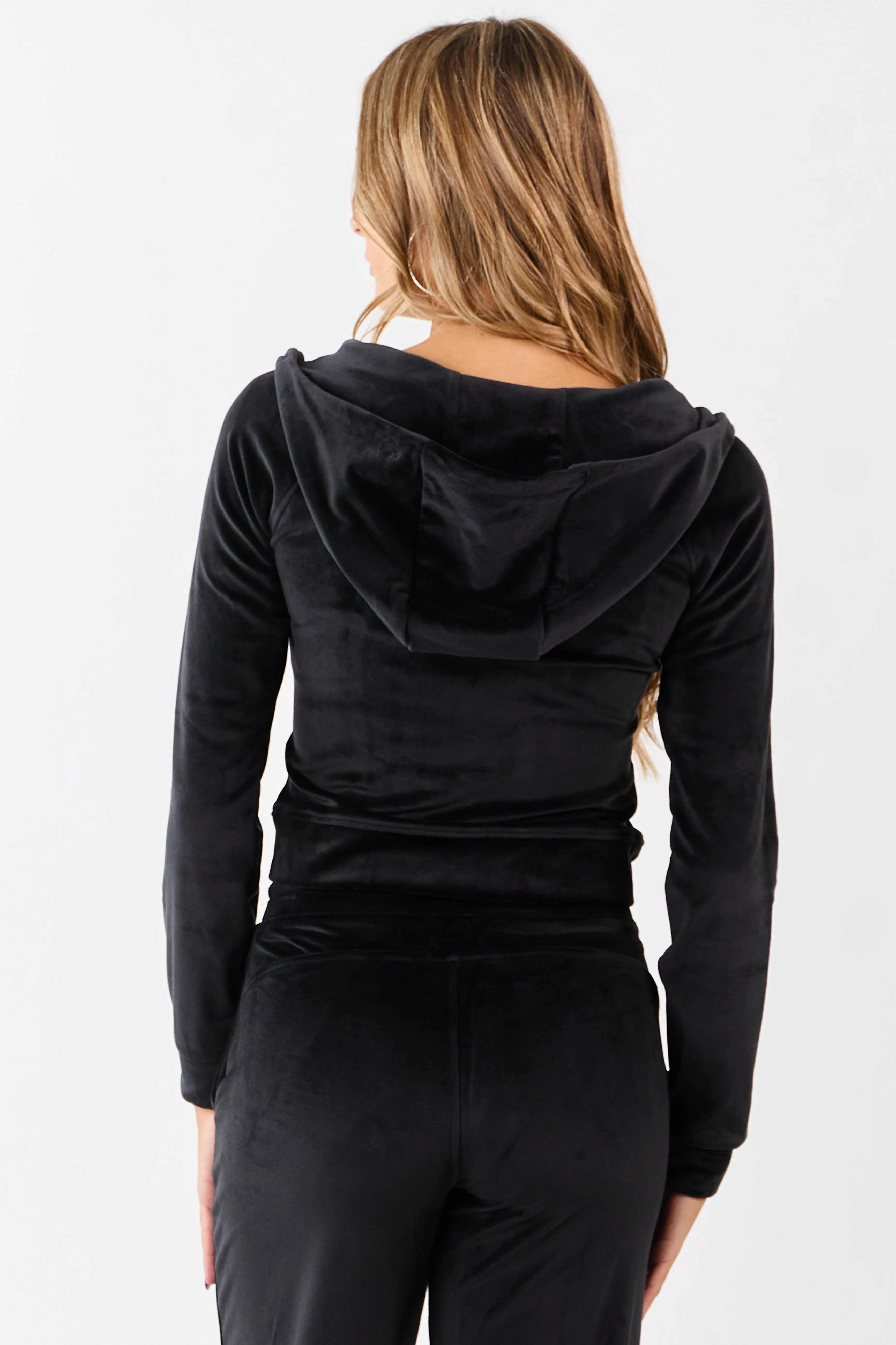 Black Hooded Cropped Soft Plush Zip Up Jacket - Image 5