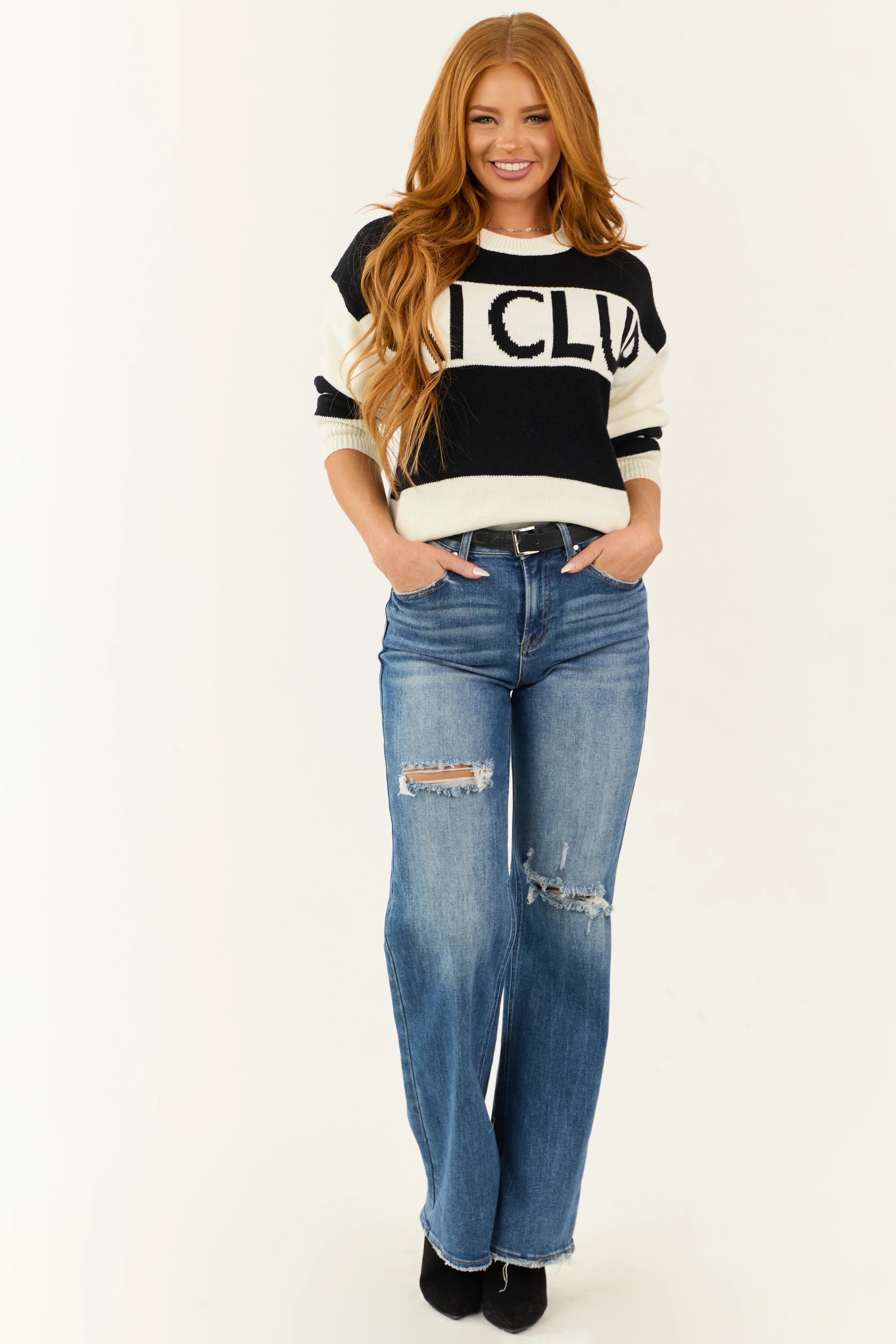 Black and Ivory 'Ski Club' Striped Knit Sweater - Image 3