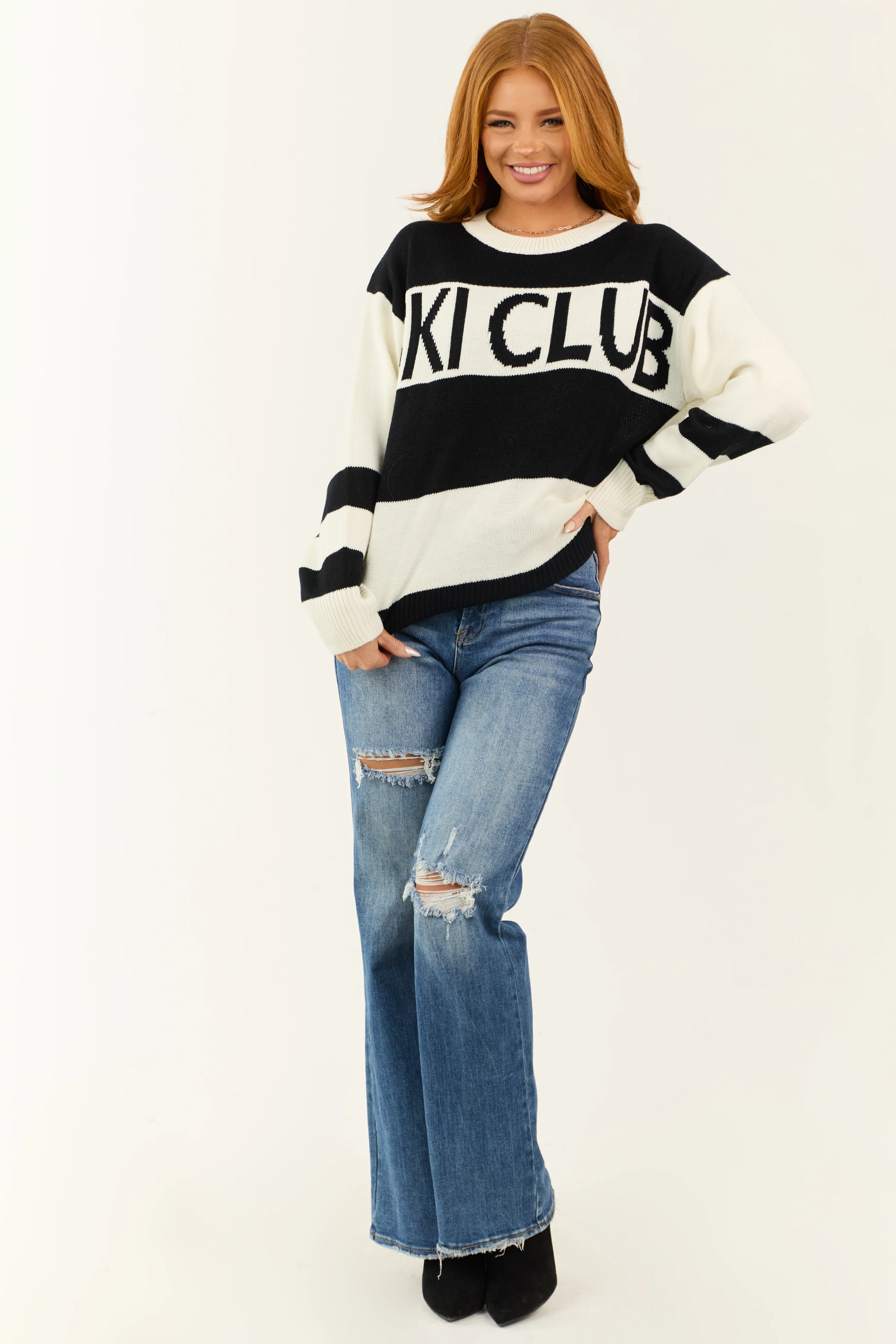 Black and Ivory 'Ski Club' Striped Knit Sweater - Image 4