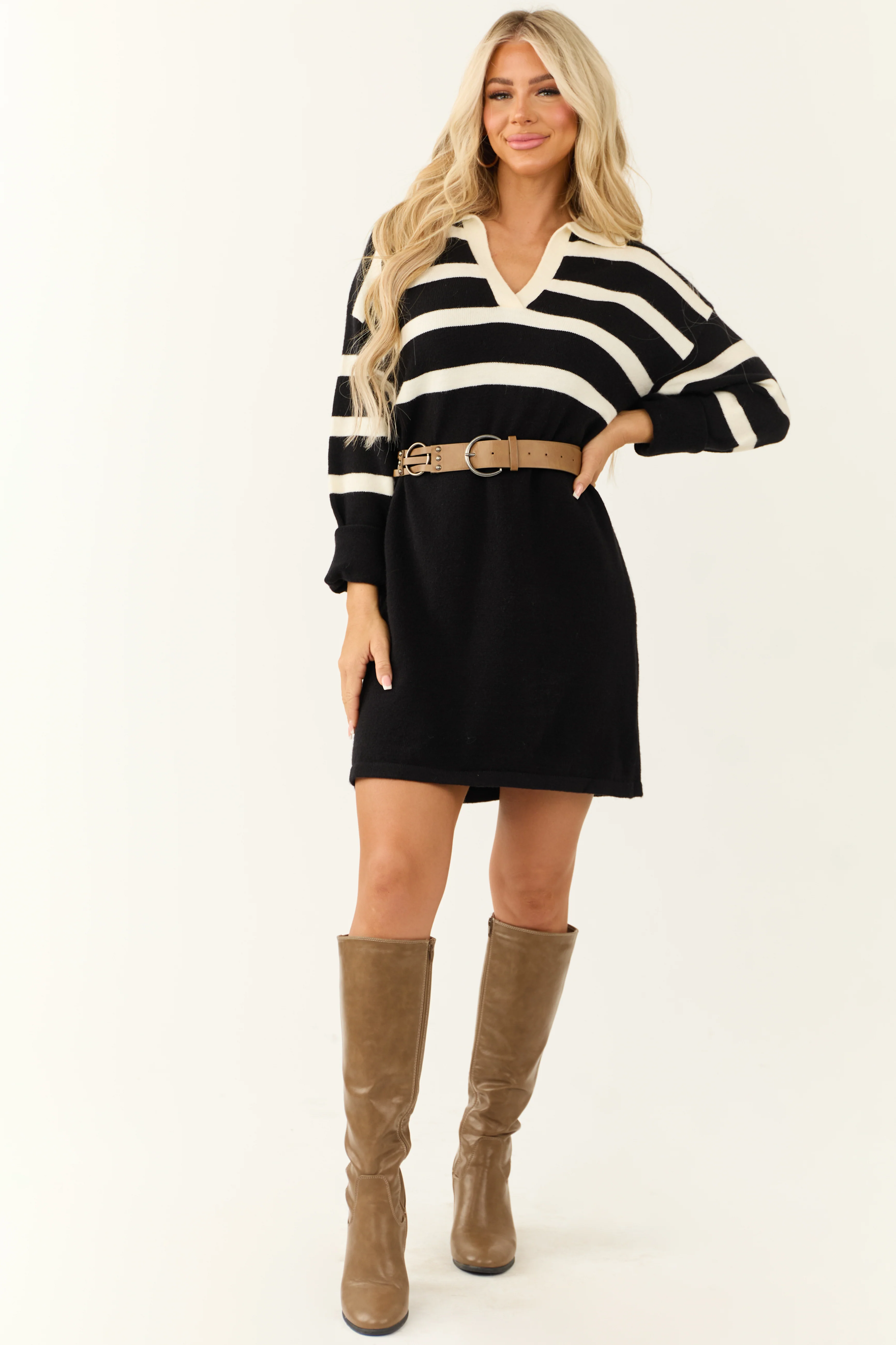 Black and Ivory Striped Short Sweater Dress - Image 4