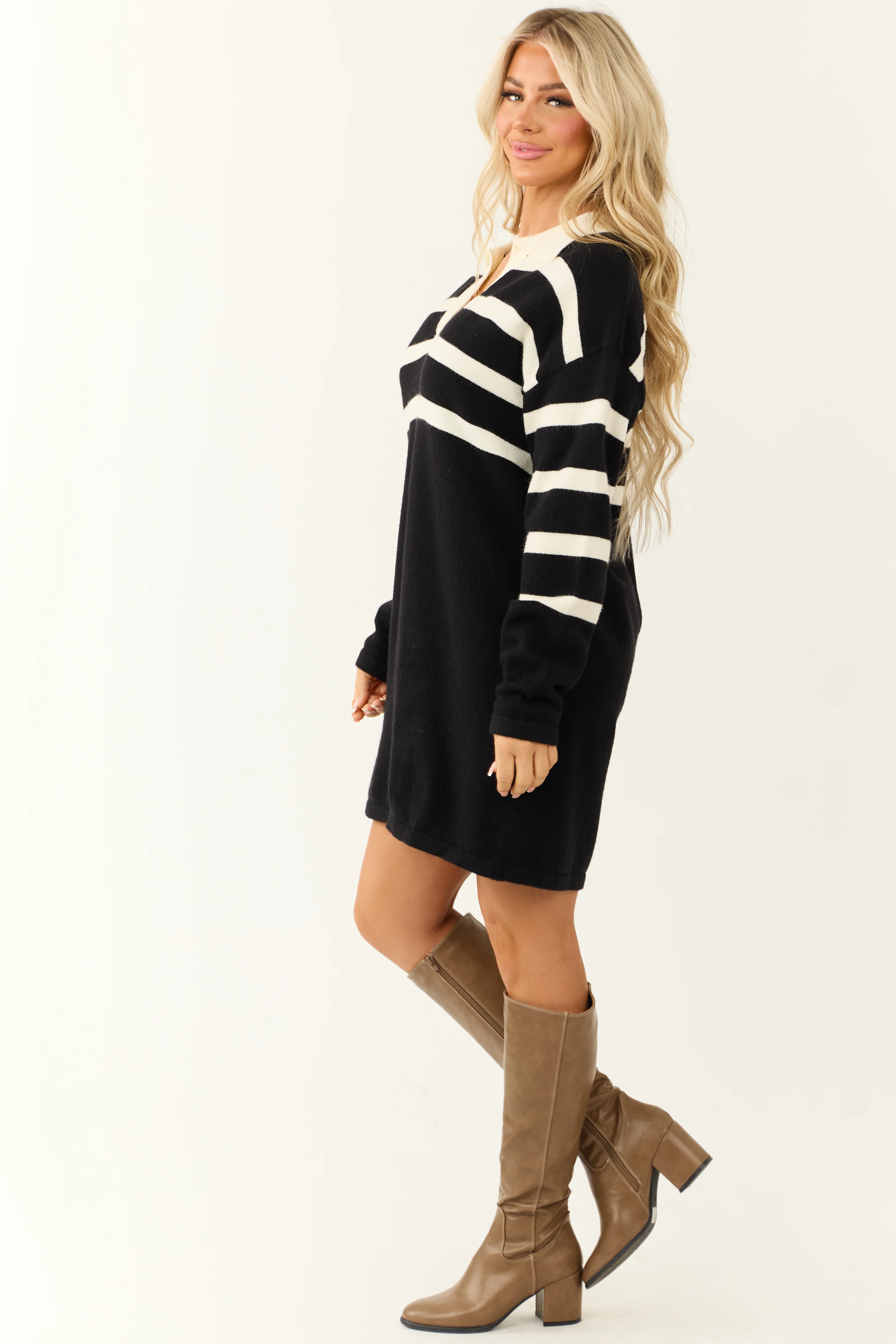 Black and Ivory Striped Short Sweater Dress - Image 5