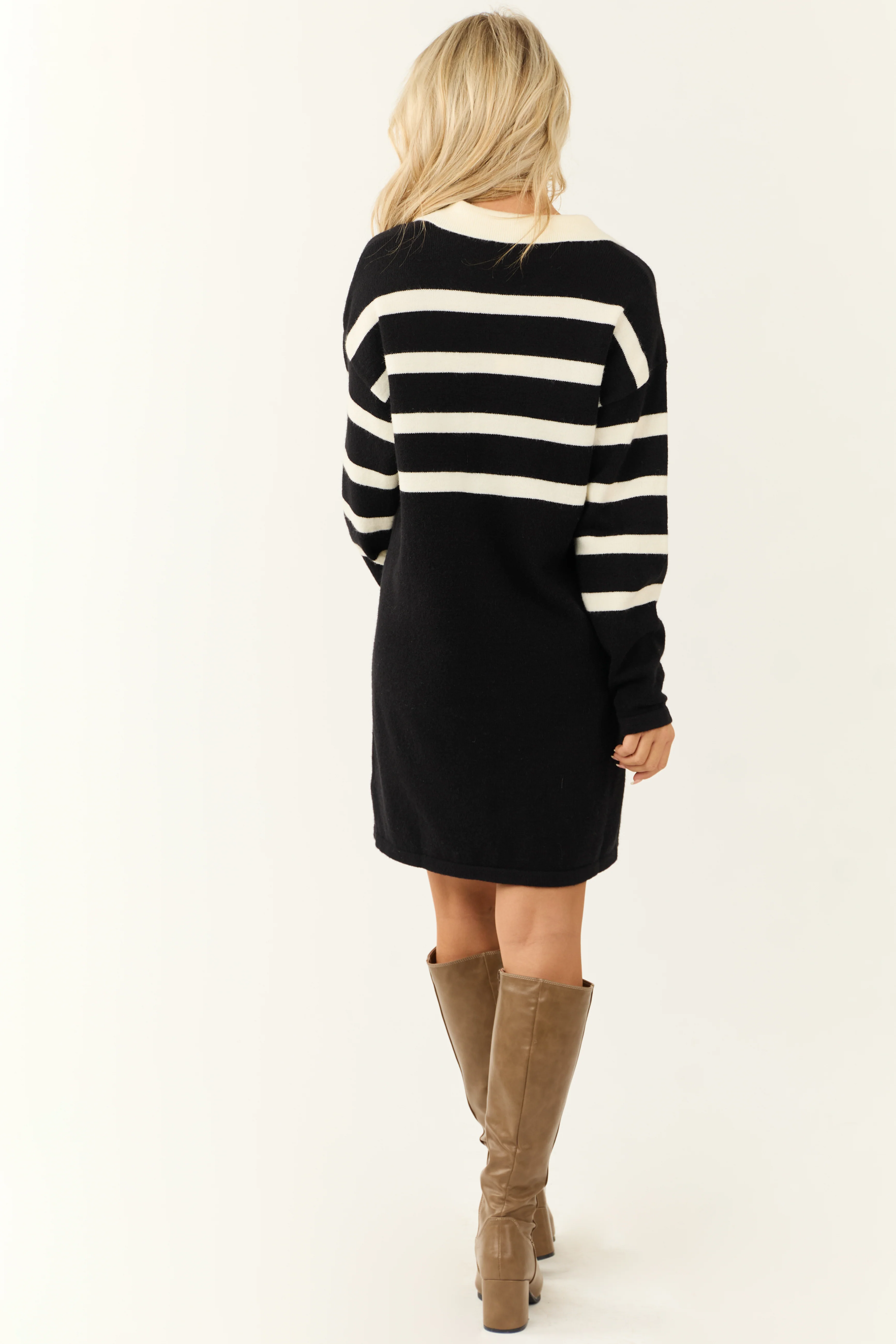 Black and Ivory Striped Short Sweater Dress - Image 6